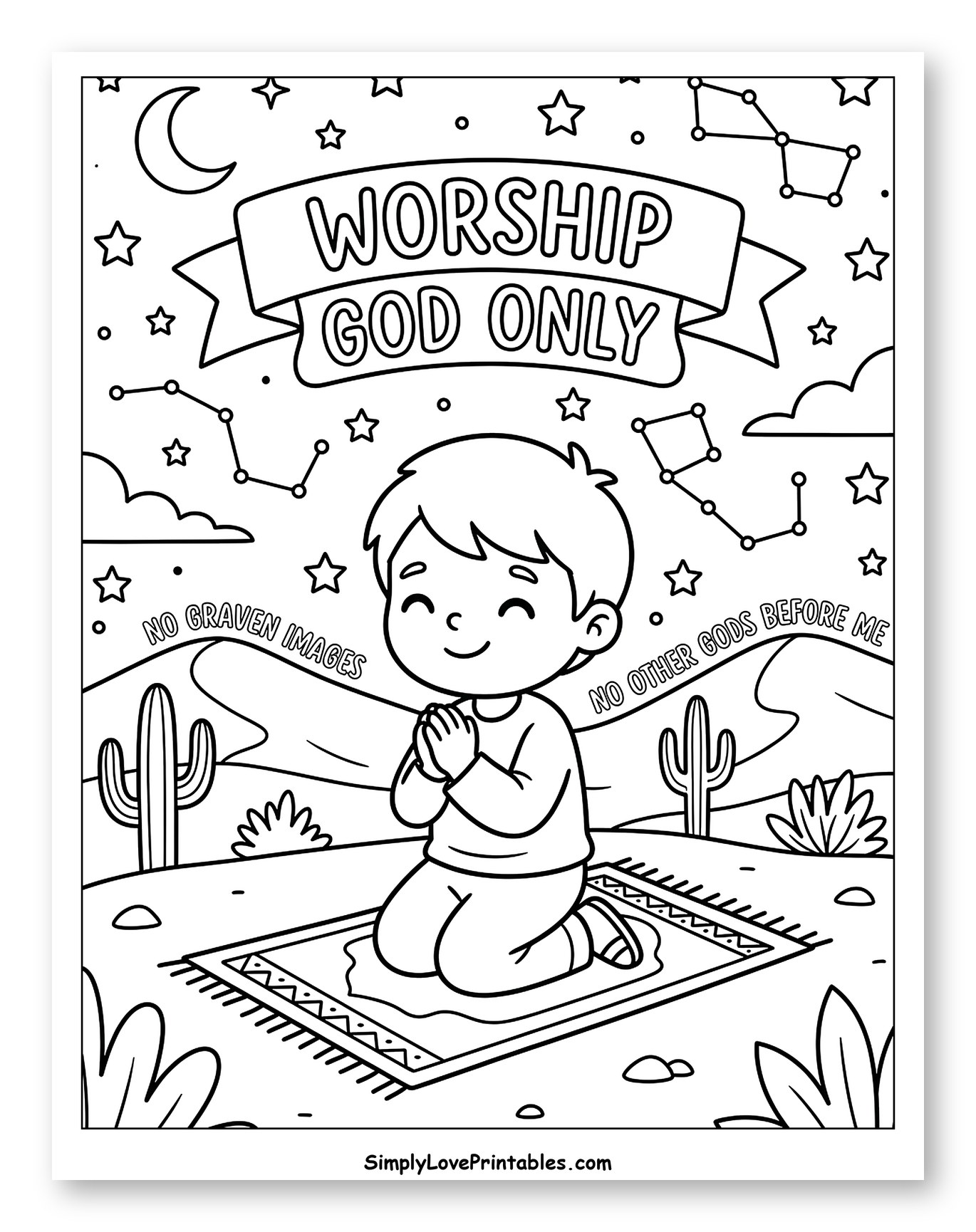 Child Praying Under Desert Stars Coloring Page for Kids