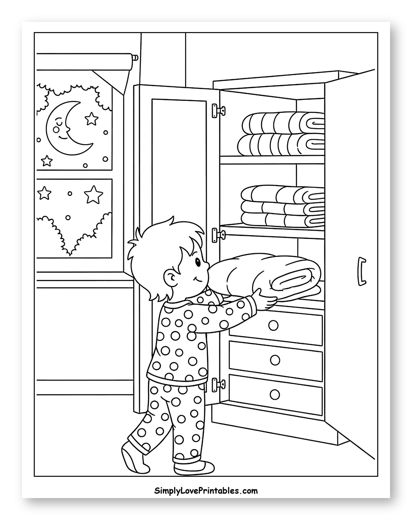 Child Putting Blanket in Wardrobe at Night