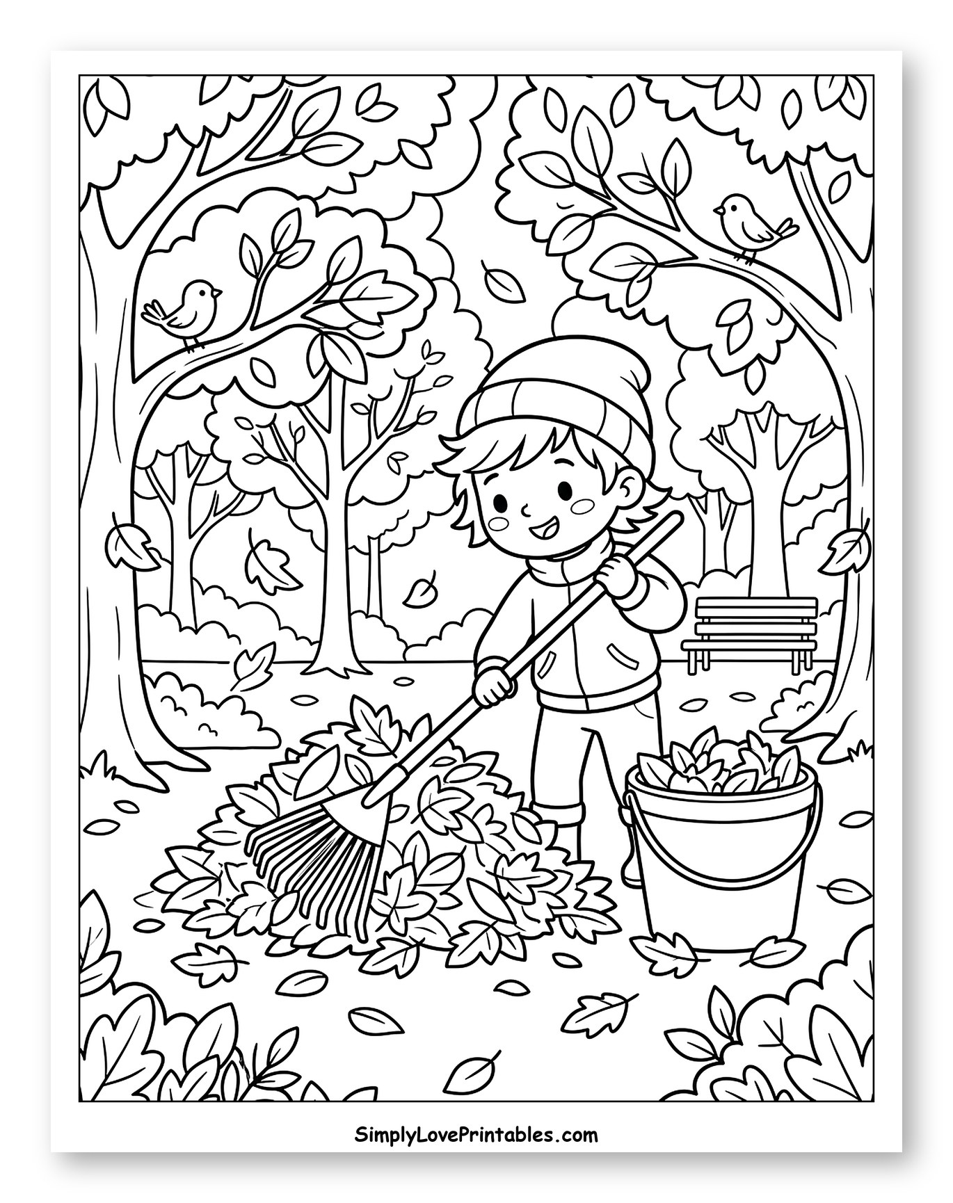 Child Raking Autumn Leaves into a Bucket to Color for Kids