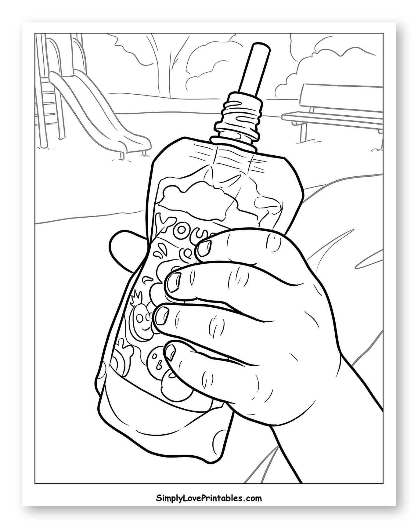 Child's Hand Holding Yogurt Pouch in Park to Color