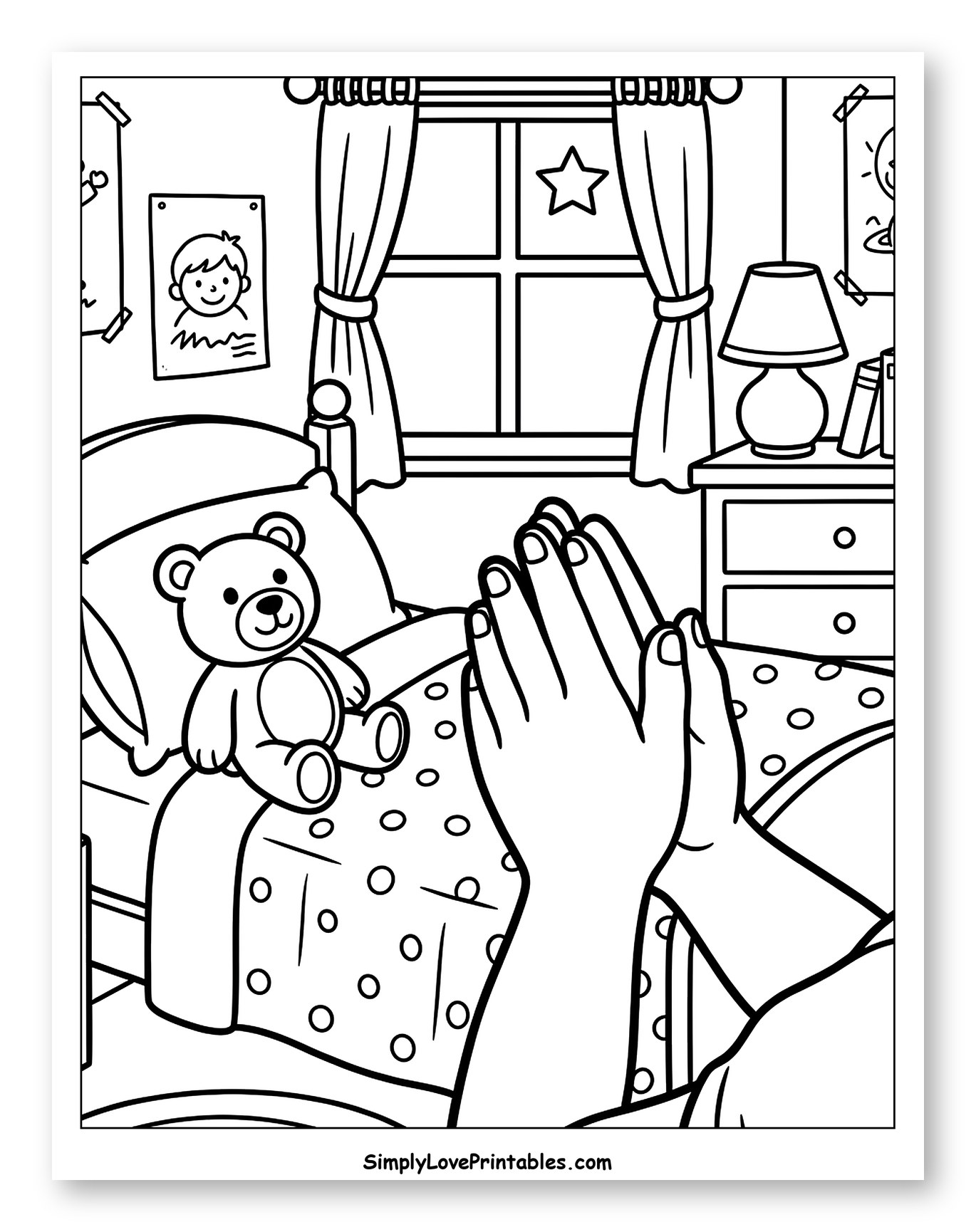 Child's Hands Praying in Bedroom at Night to Color for Kids