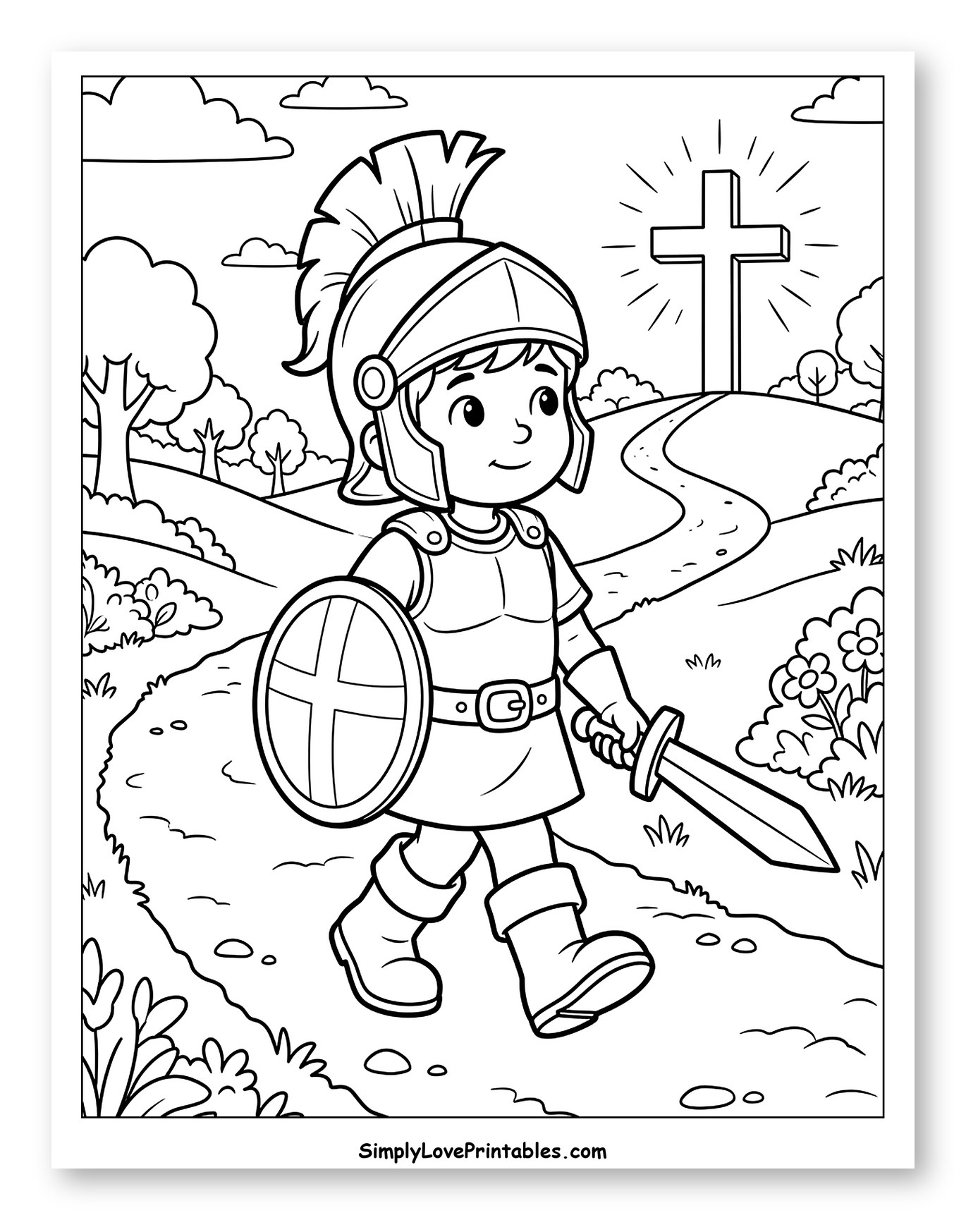 Child Warrior on a Path to the Cross to Color for Kids