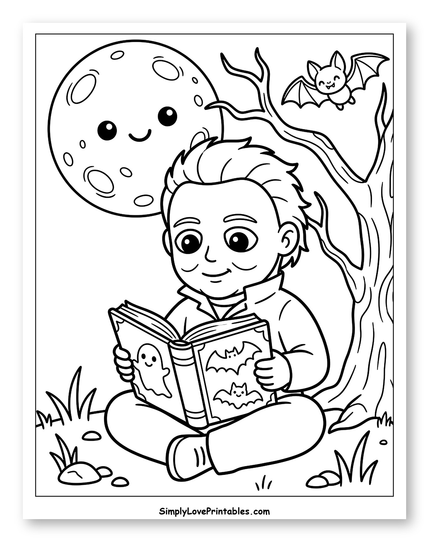 Childlike Michael Myers Reading Under Tree Coloring Sheet for Kids