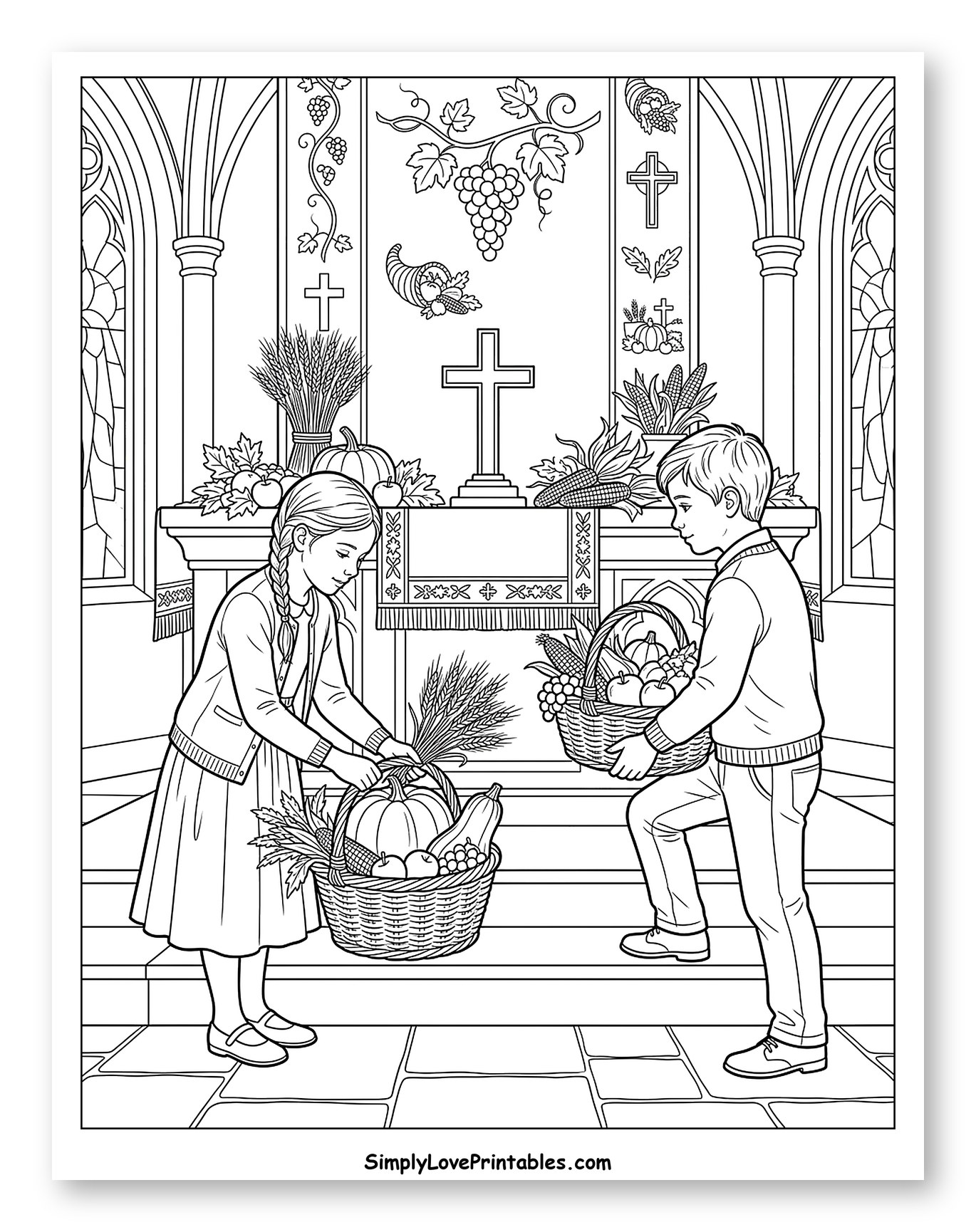 Children Bringing Harvest Baskets to Church Altar