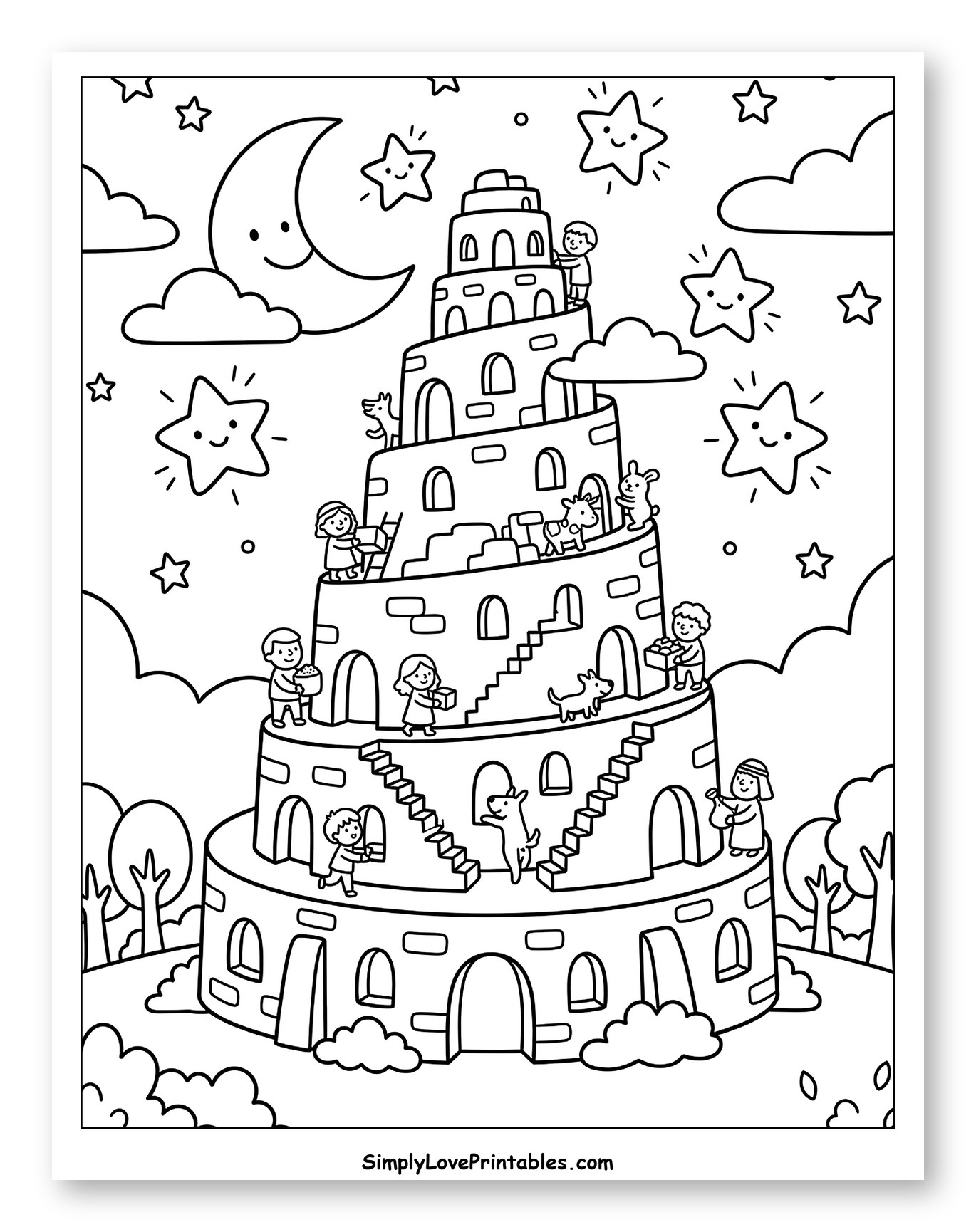 Children Building a Tall Winding Tower Towards Stars Coloring Sheet for Kids