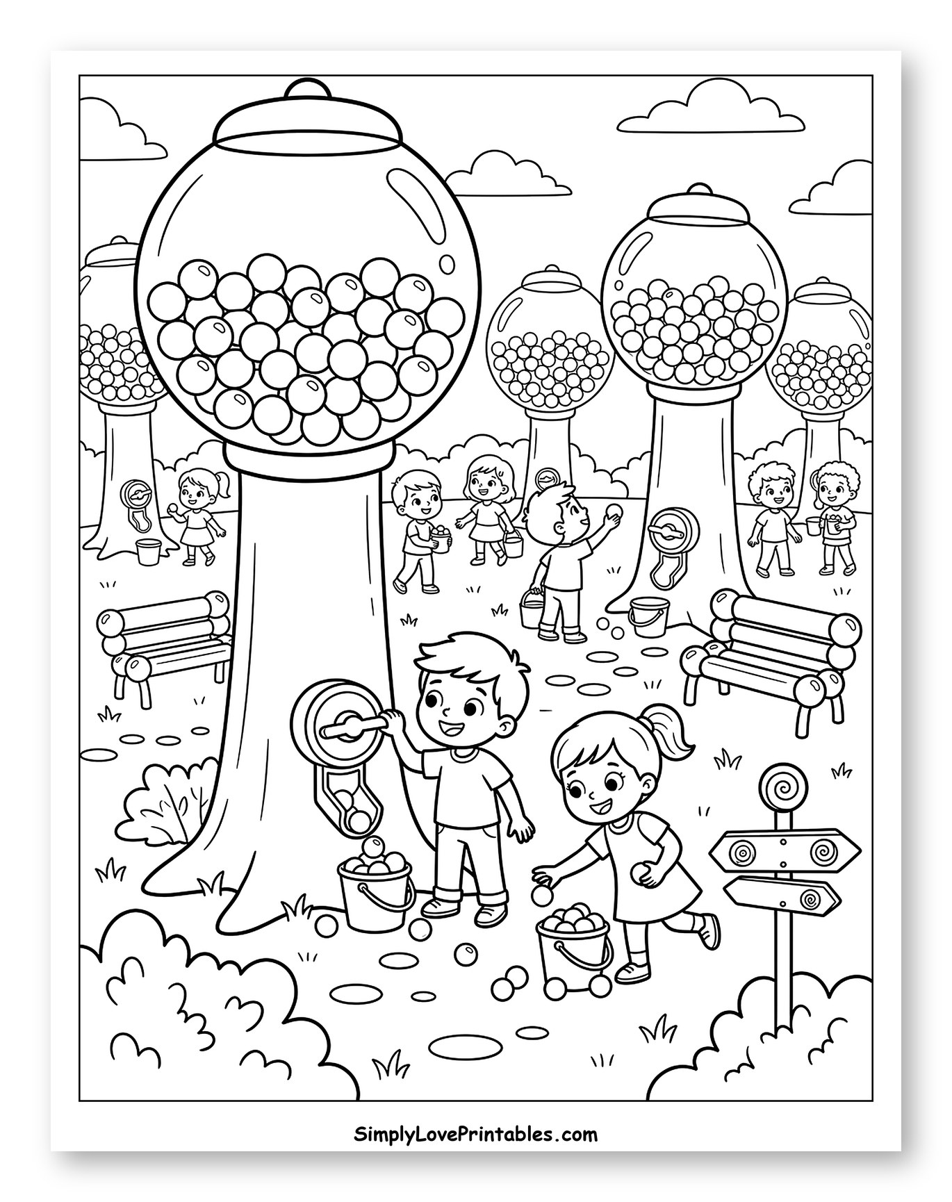 Children Collecting Gumballs from Gumball Trees Coloring Page for Kids