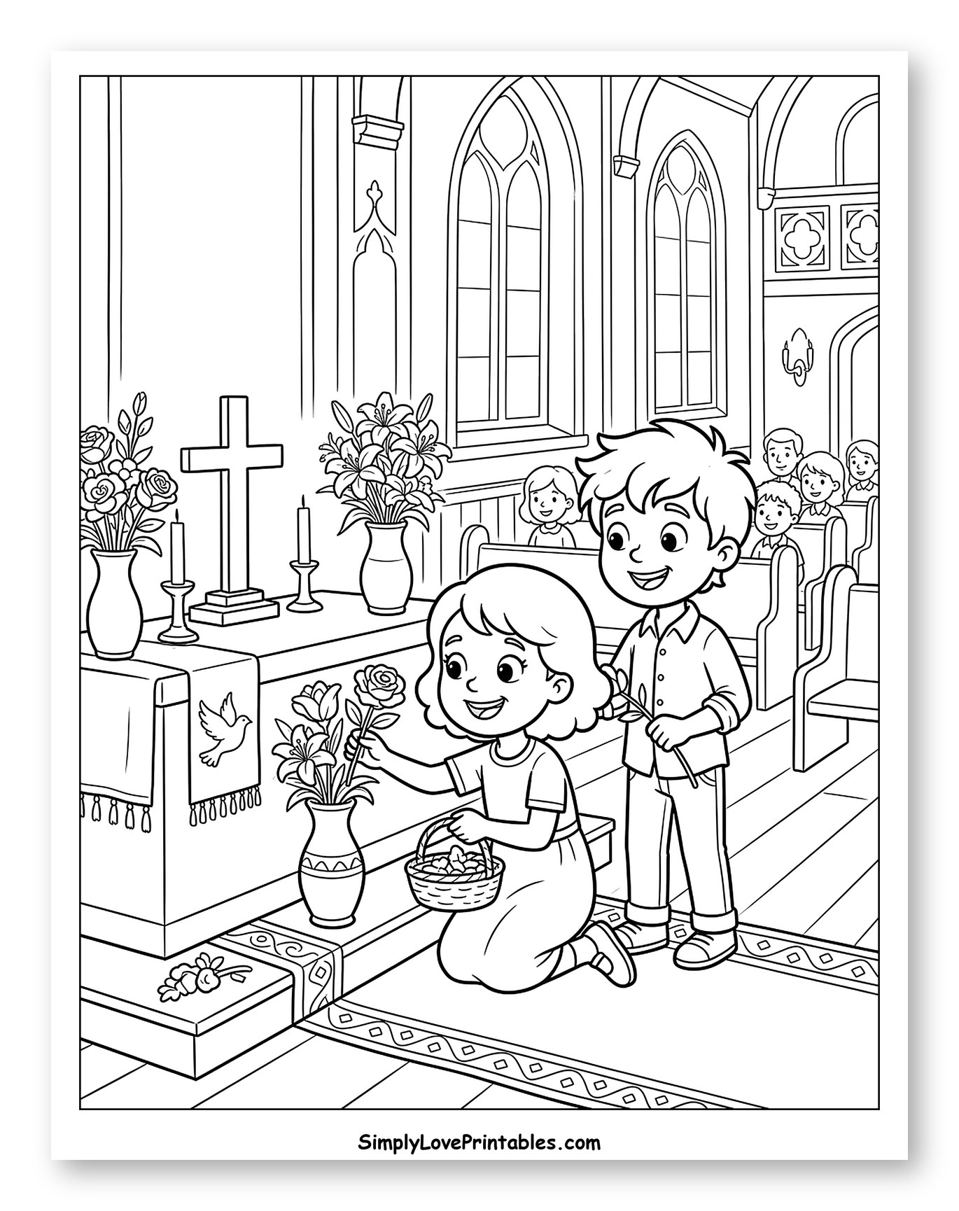 Children Decorating a Church Altar with Flowers Coloring Page for Kids