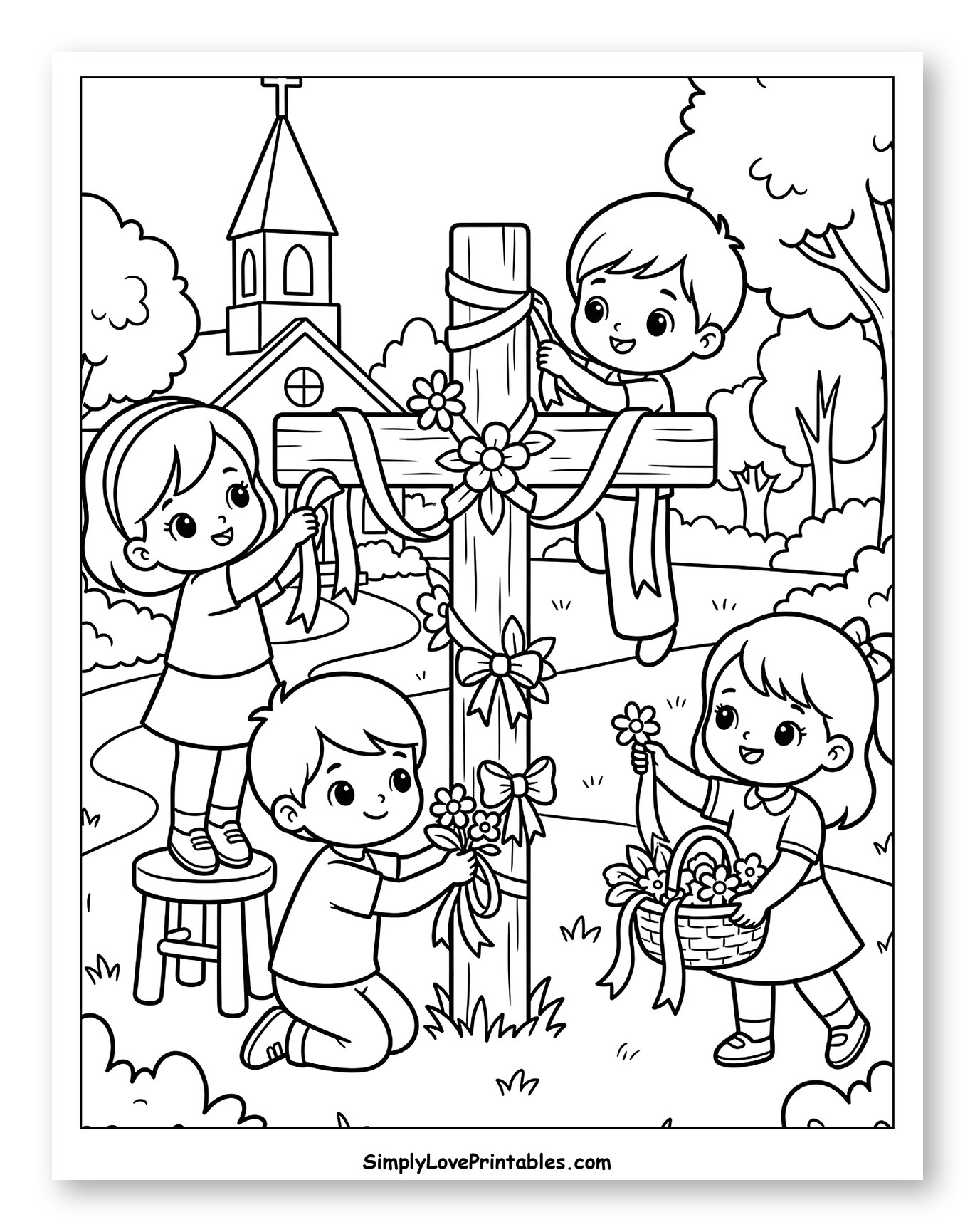 Children Decorating a Cross with Flowers