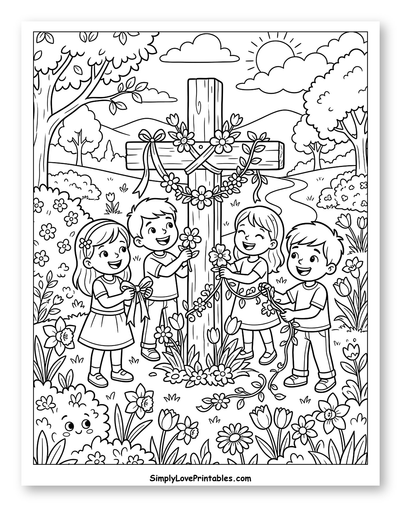 Children Decorating a Cross with Spring Flowers to Color for Kids