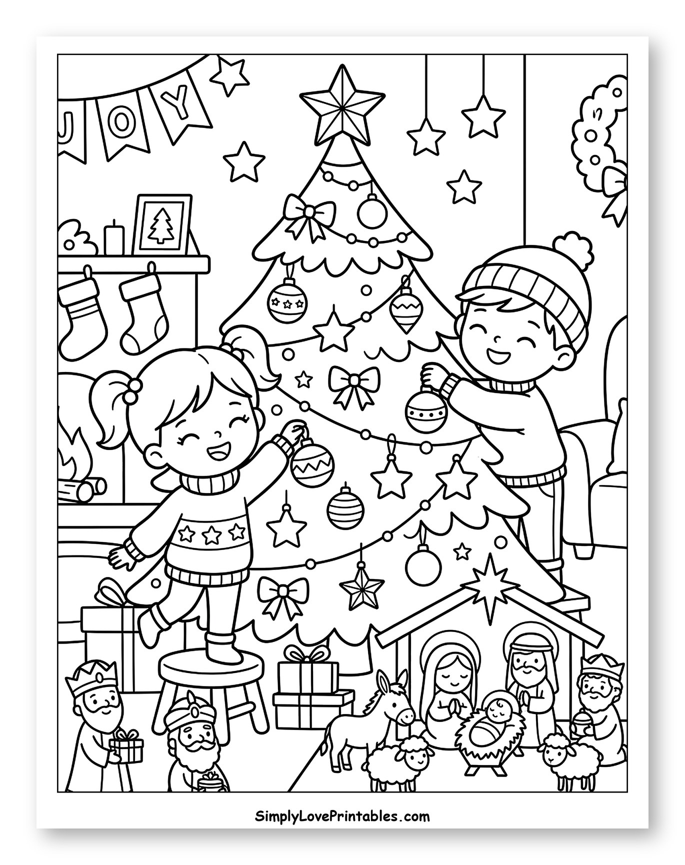 Children Decorating Christmas Tree and Nativity Scene