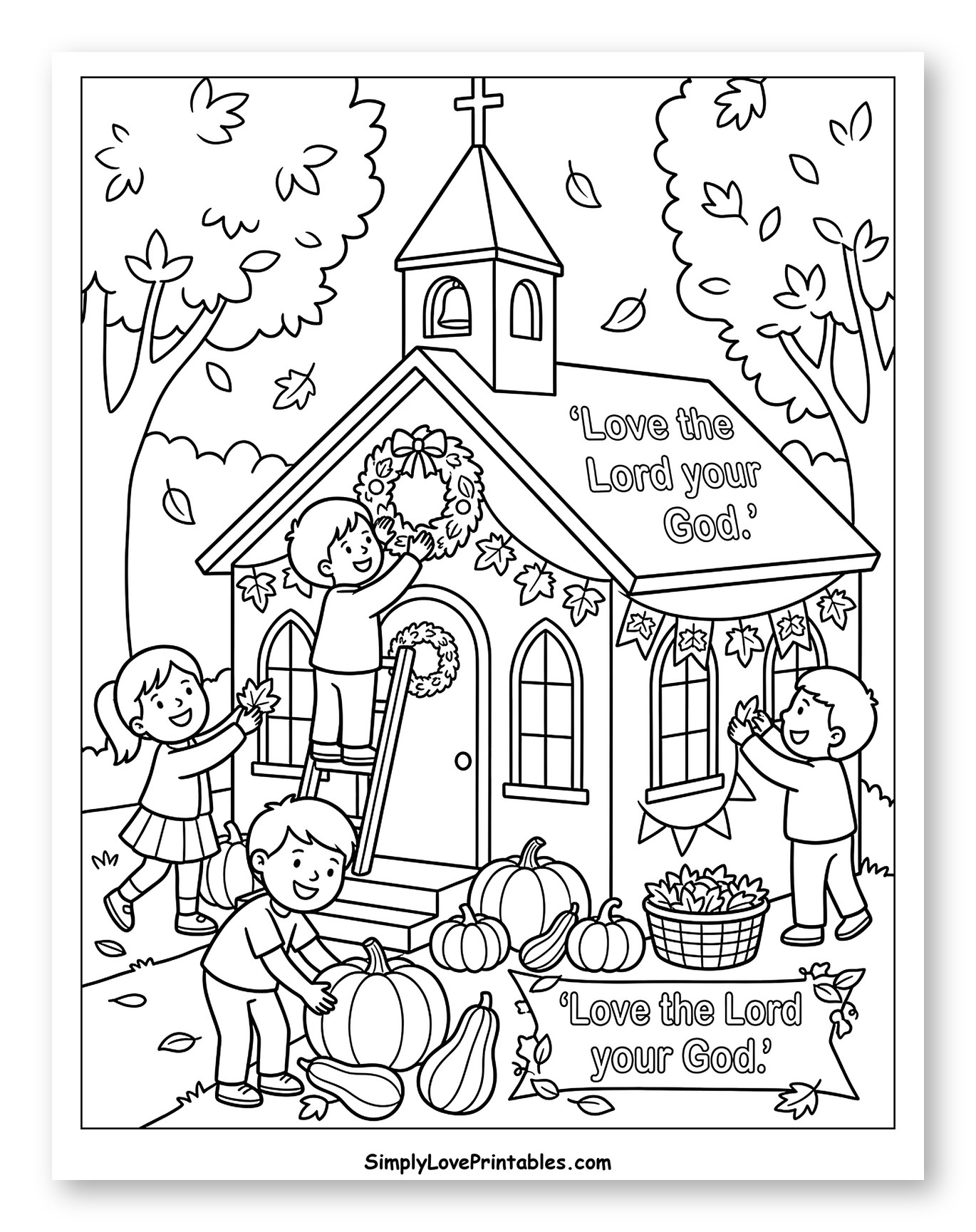 Children Decorating Church with Autumn Leaves and Pumpkins Coloring Page for Kids