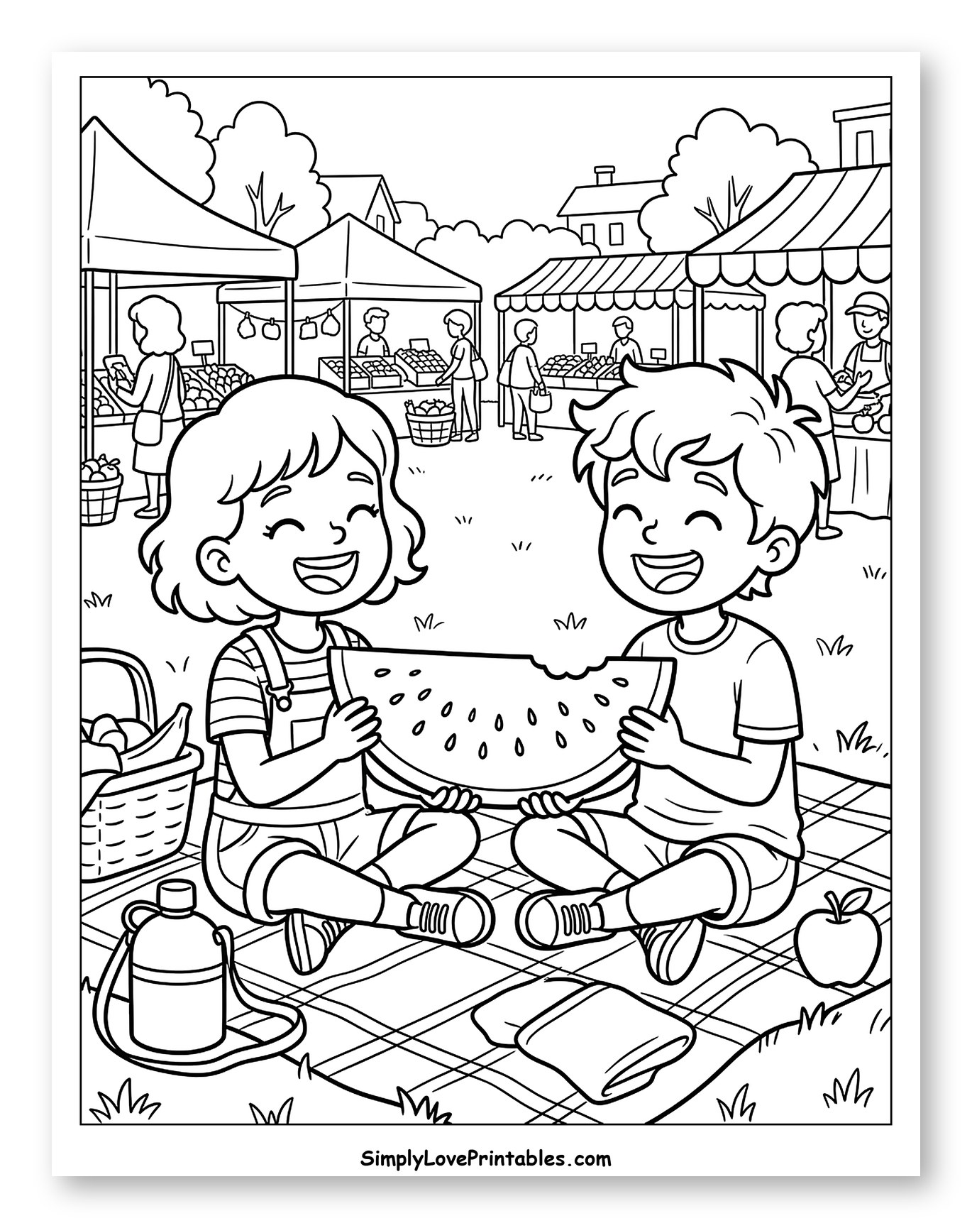 Children Enjoying Watermelon Picnic at Farmers Market Coloring Sheet for Kids