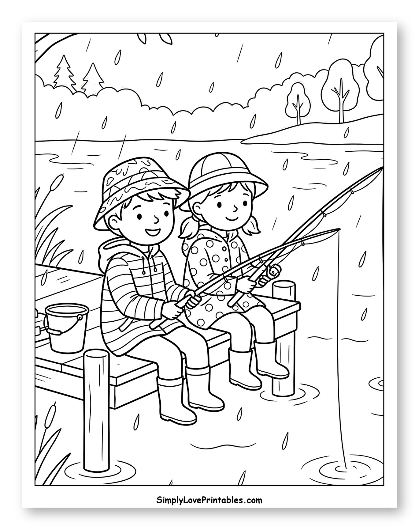 Children Fishing on a Dock in the Rain