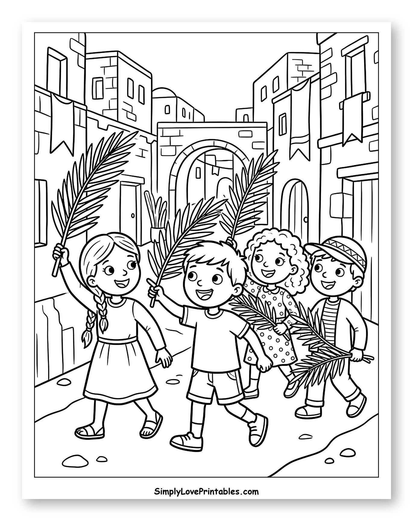 Children Holding Palm Branches in Old Town
