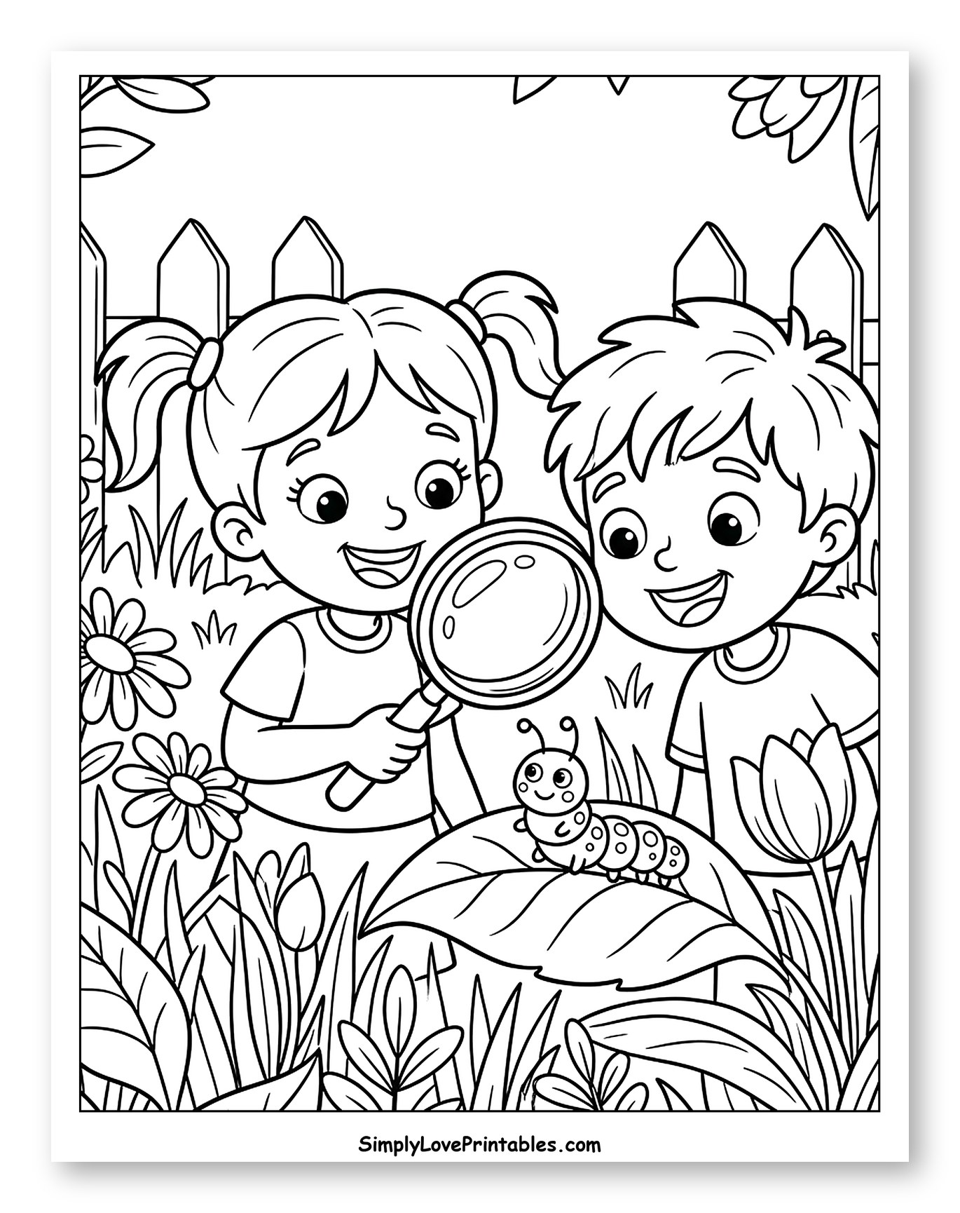 Children Magnifying a Caterpillar in a Garden Coloring Sheet for Kids