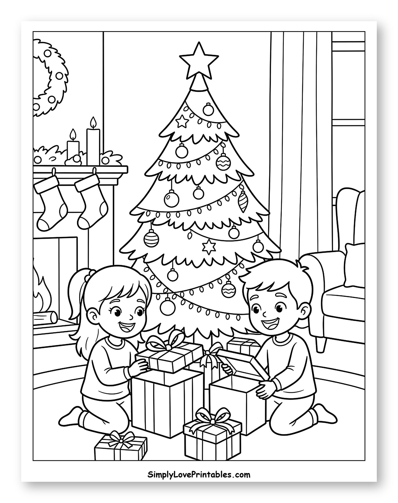 Children Opening Gifts by the Christmas Tree to Color for Kids