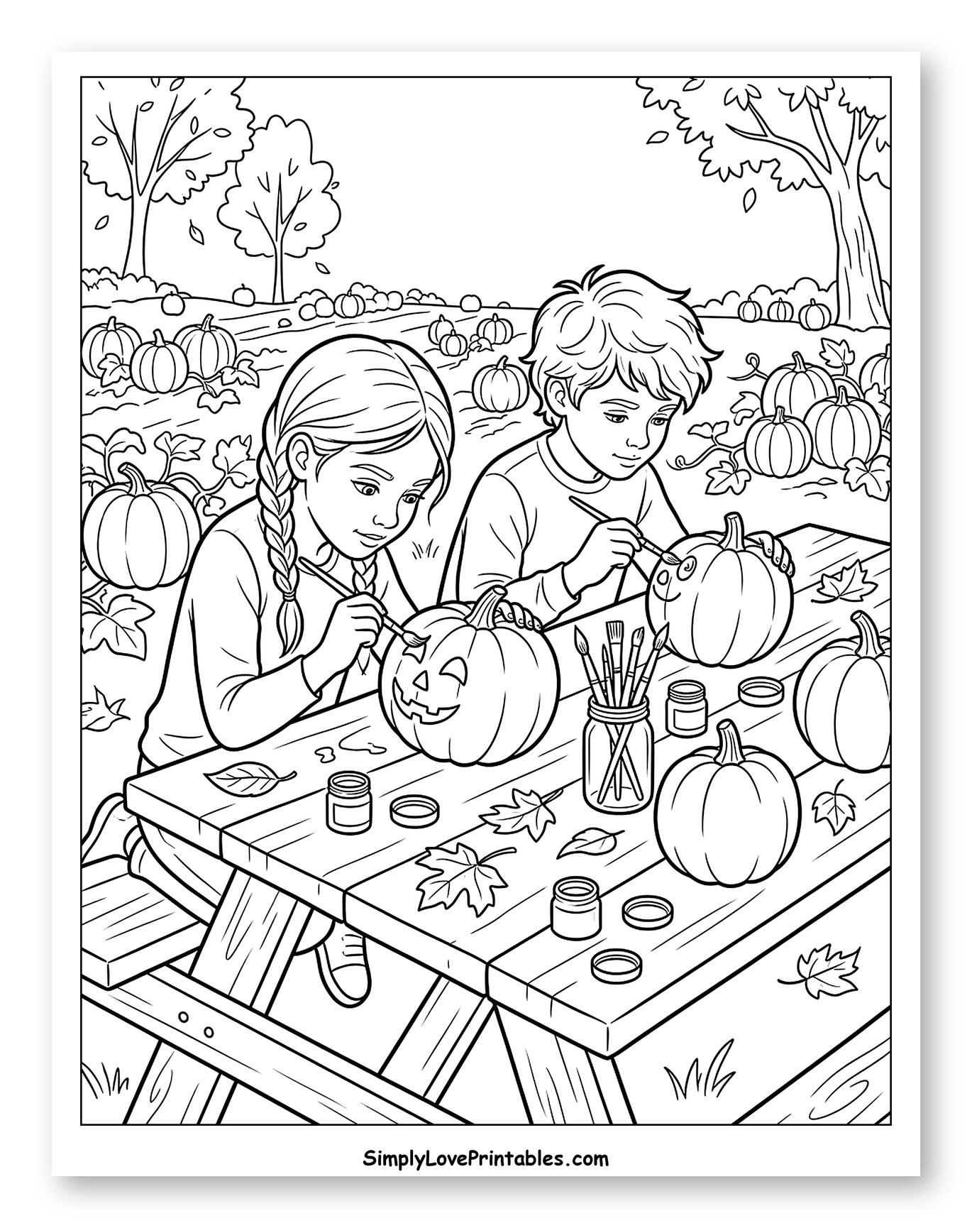 Children Painting Jack-o'-Lanterns in a Pumpkin Patch