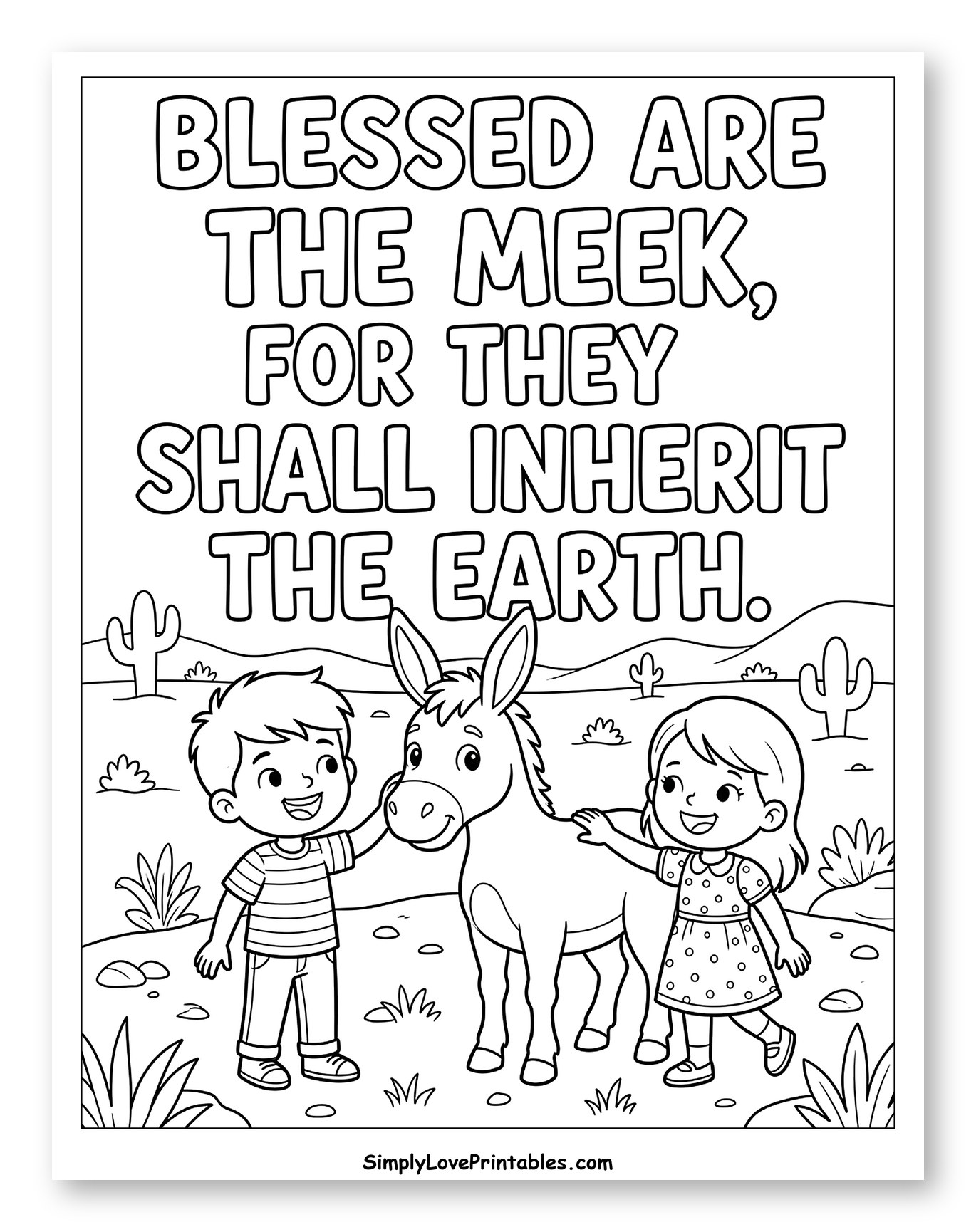 Children Petting Donkey with Beatitude Quote