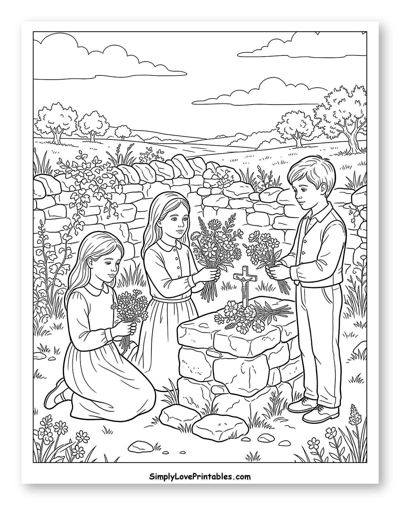 Children Placing Flowers at a Stone Shrine Coloring Page