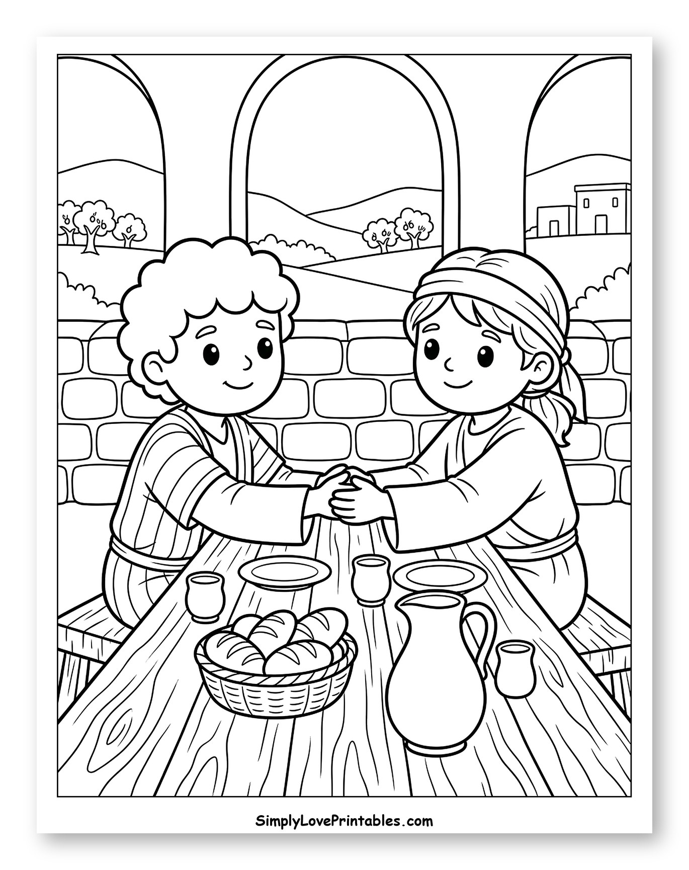 Children Praying Before a Meal Coloring Page for Kids