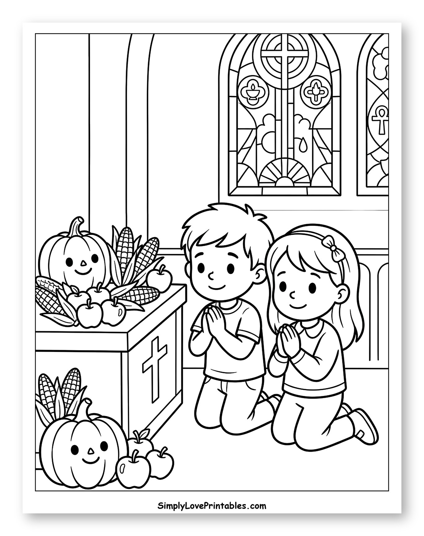 Children Praying in Church with Harvest Decorations