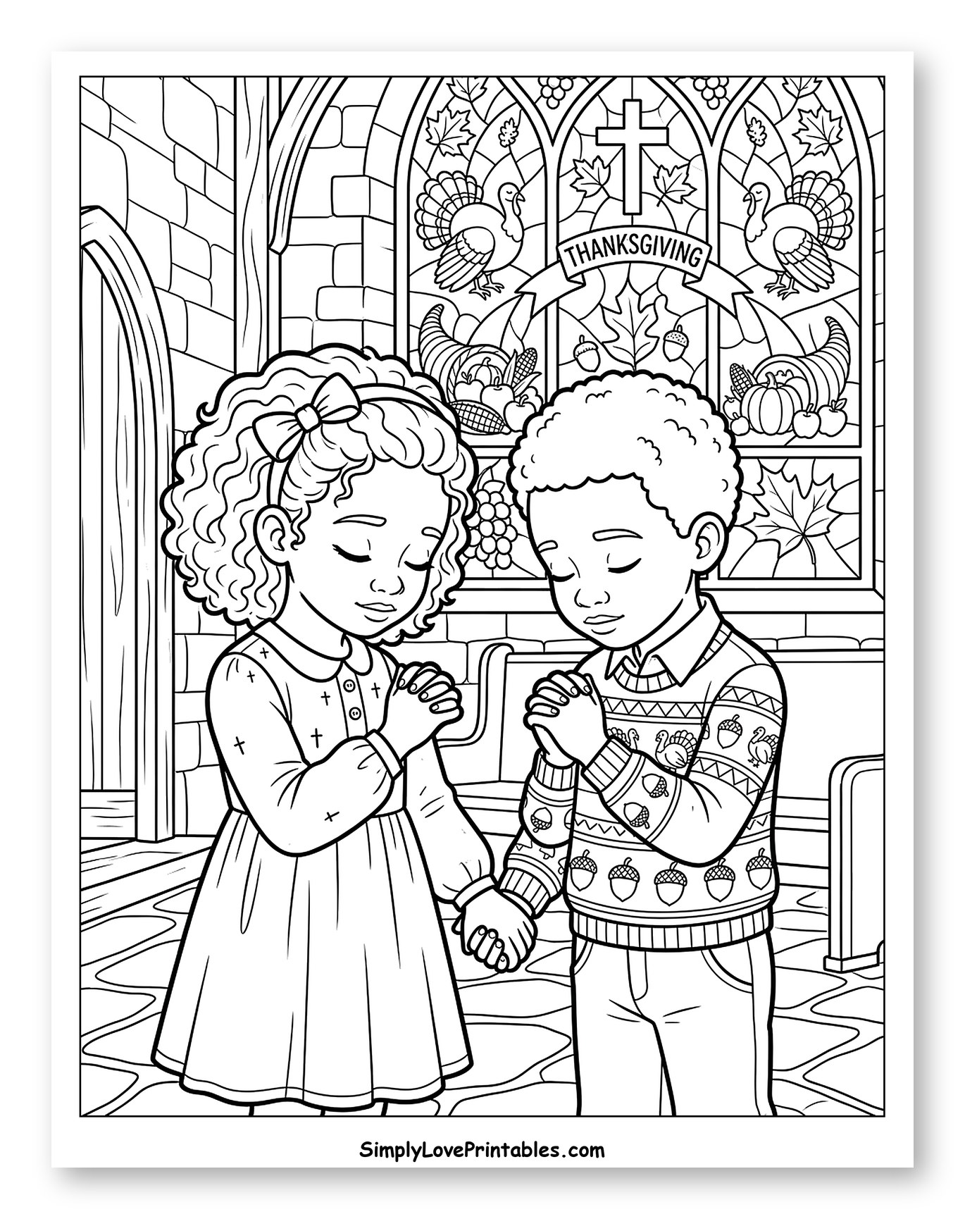 Children Praying with Thanksgiving Stained Glass Coloring Page for Kids