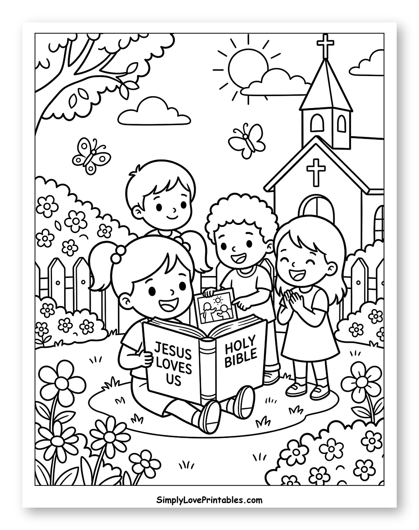 Children Reading Bible Outdoors Near Church