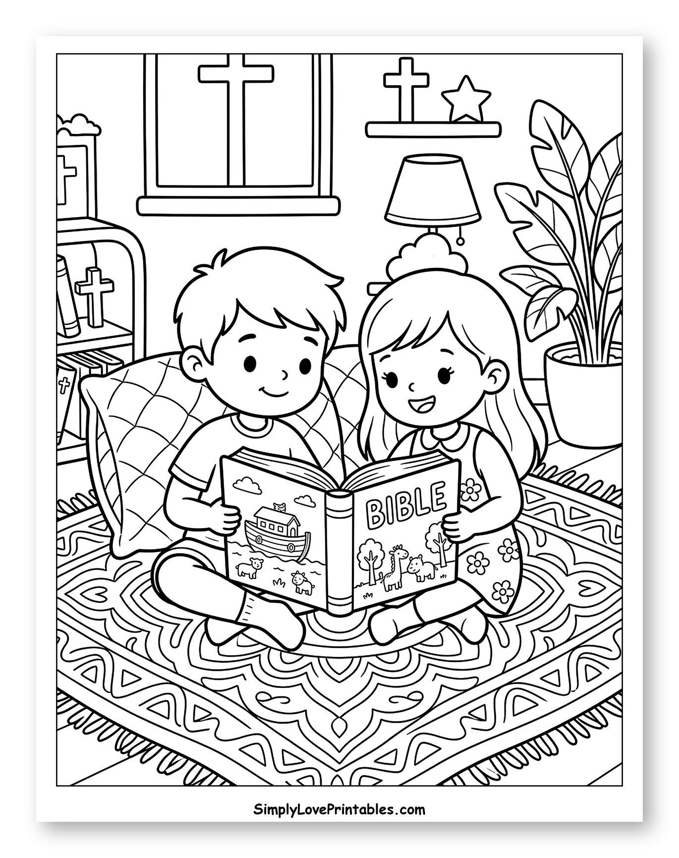 Children Reading Bible Story with Animals Coloring Page for Kids