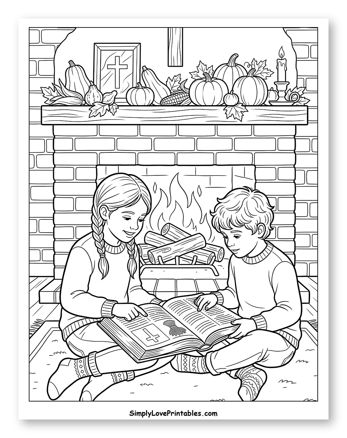 Children Reading by a Thanksgiving Fireplace