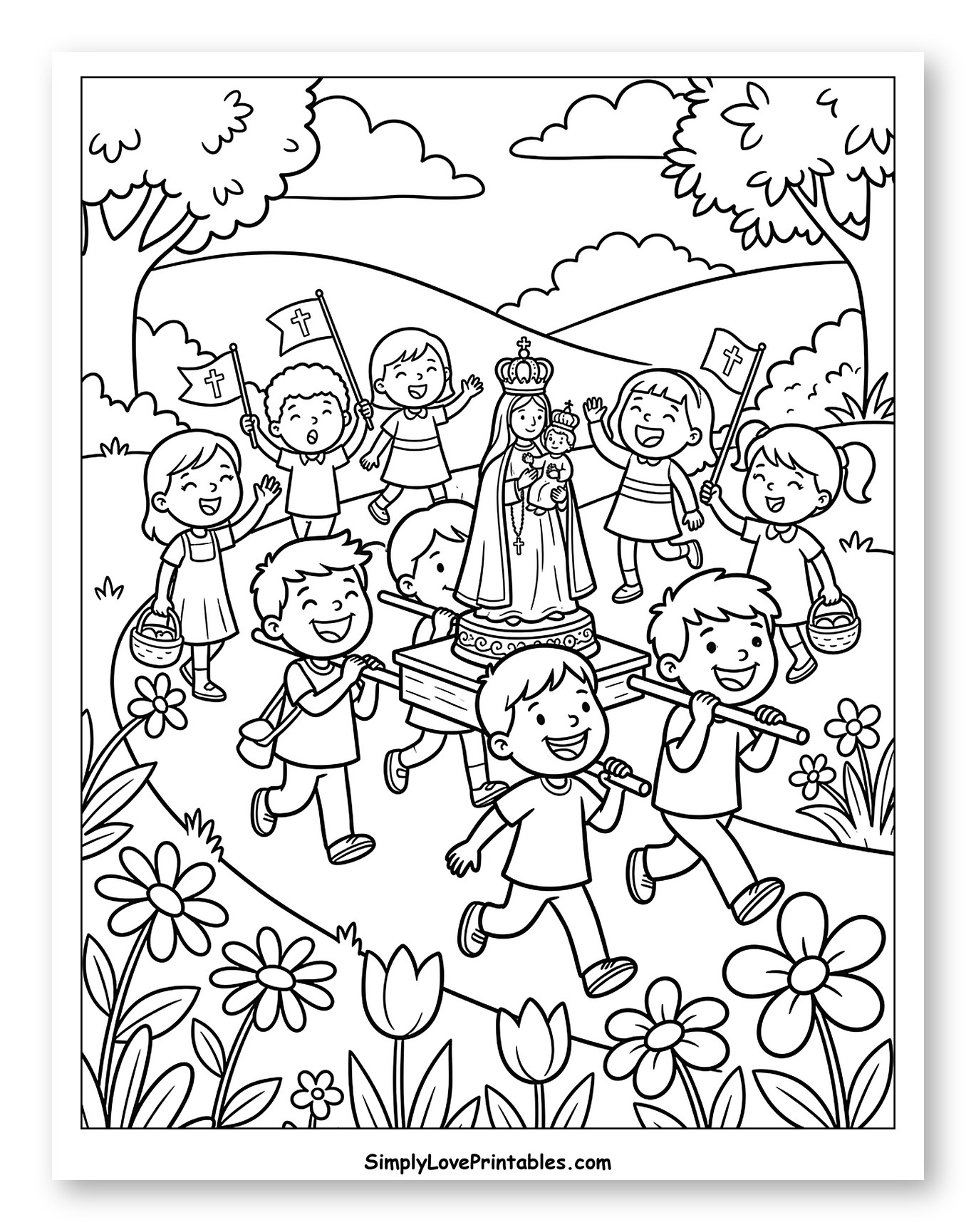 Children's Procession with Our Lady of Fatima Statue Coloring Sheet for Kids