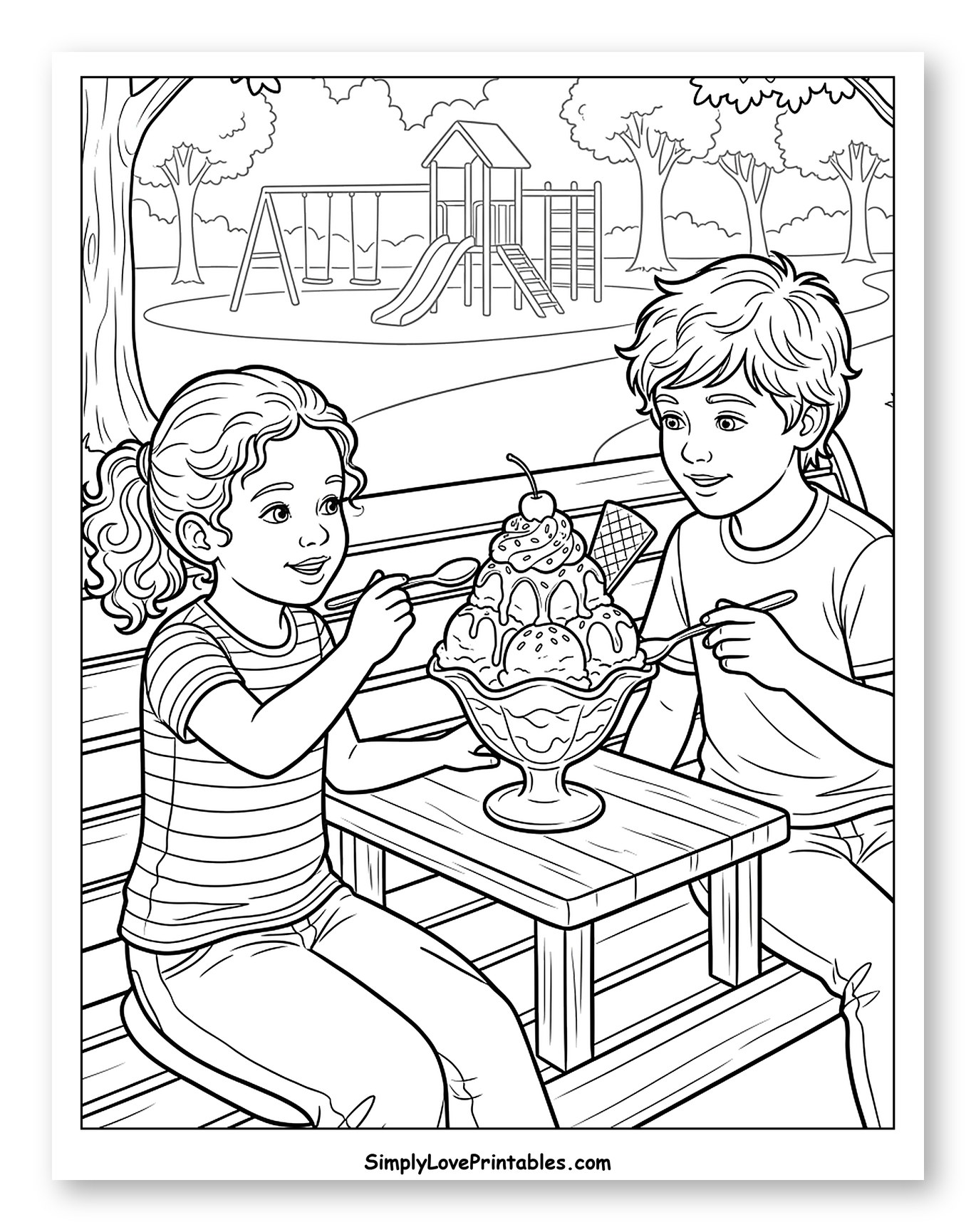 Children Sharing Ice Cream Sundae at Park Coloring Sheet