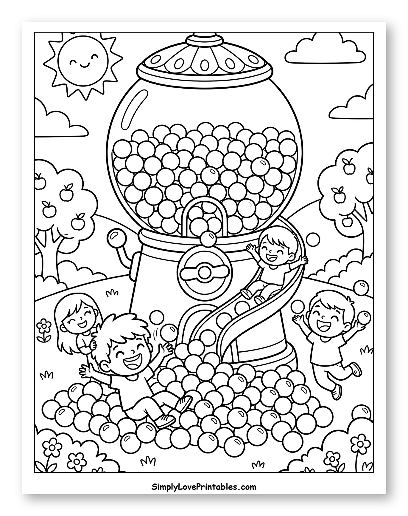 Children Sliding and Playing in Gumball Pit to Color for Kids
