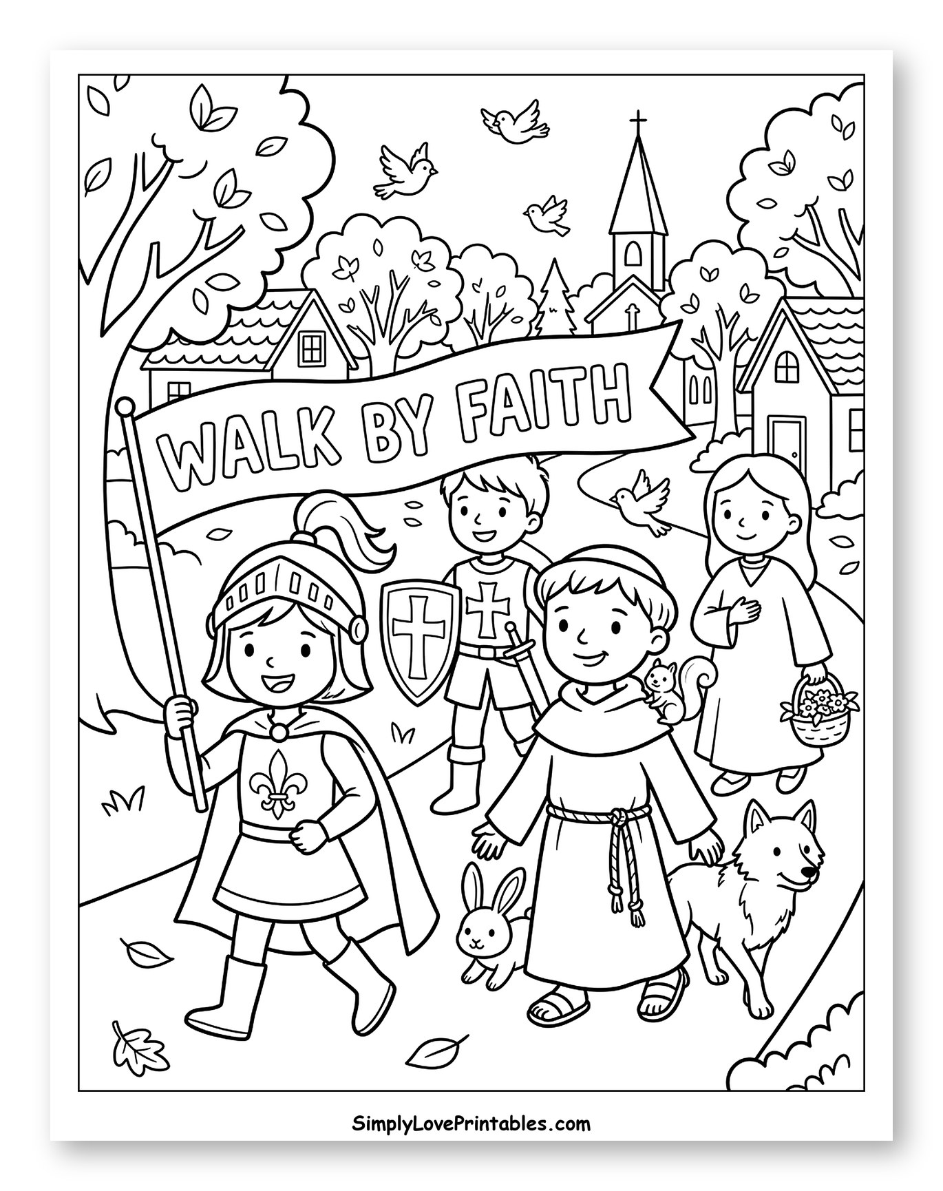 Children Walking by Faith with Animals Coloring Sheet for Kids