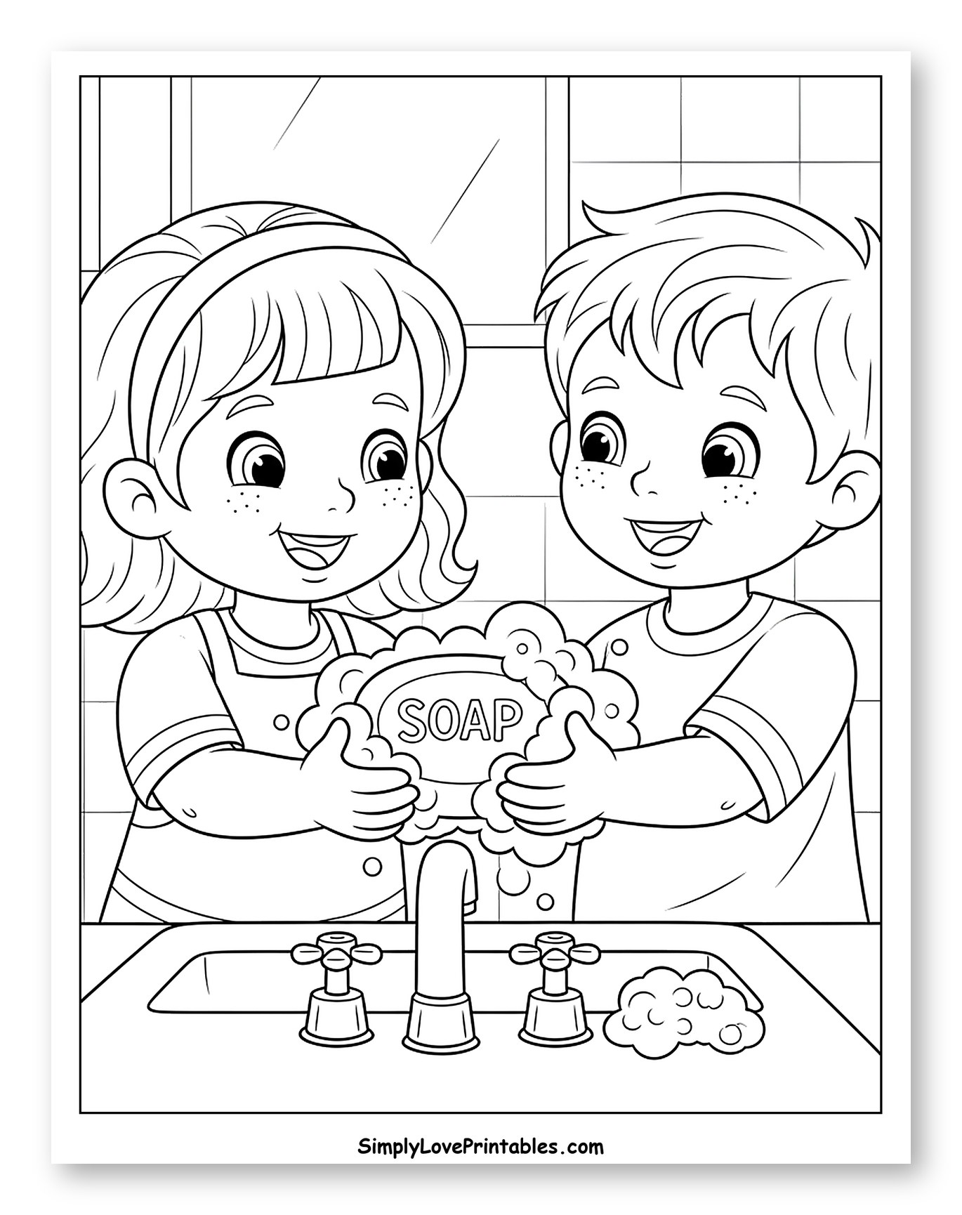 Children Washing Hands with Soap at Sink