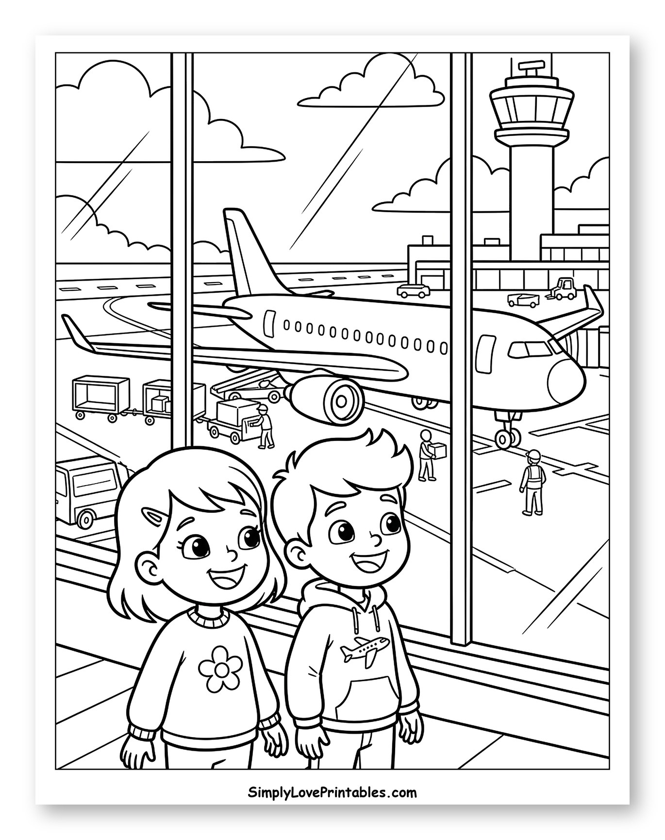 Children Watching Airplanes at the Airport to Color for Kids