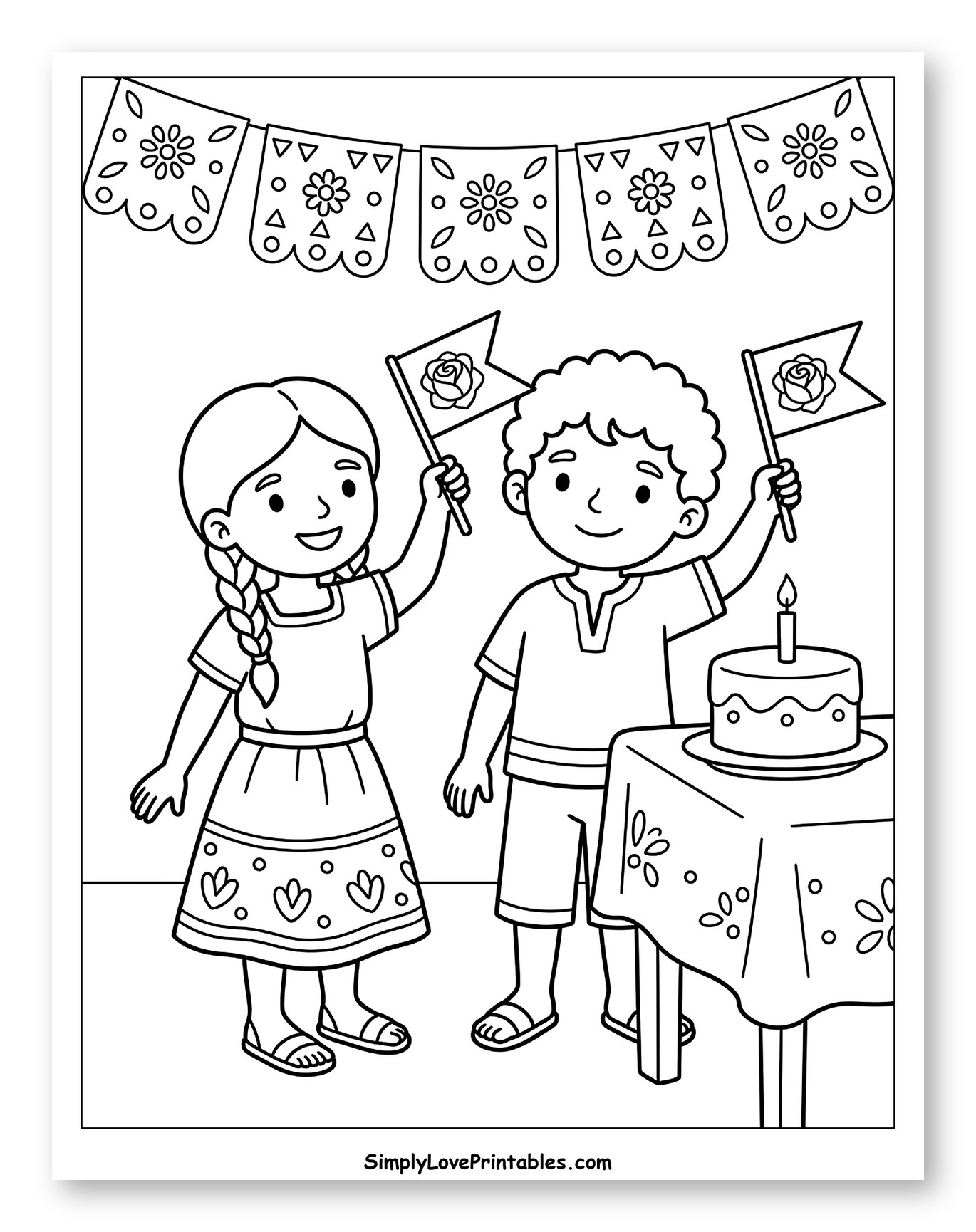 Children with Rose Flags and Birthday Cake to Color for Kids