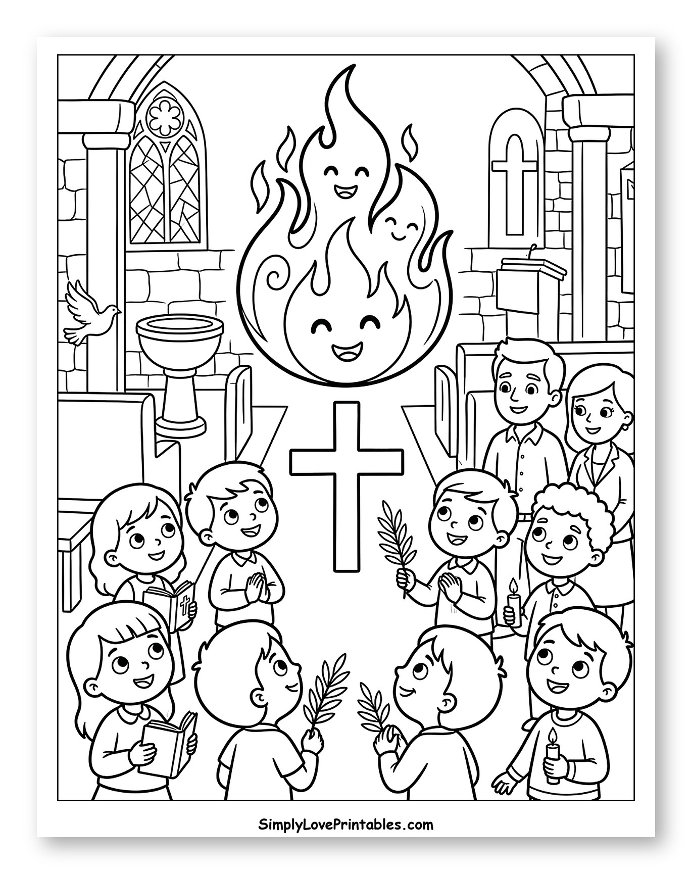 Children Worshiping with Holy Spirit Flame in Church to Color for Kids