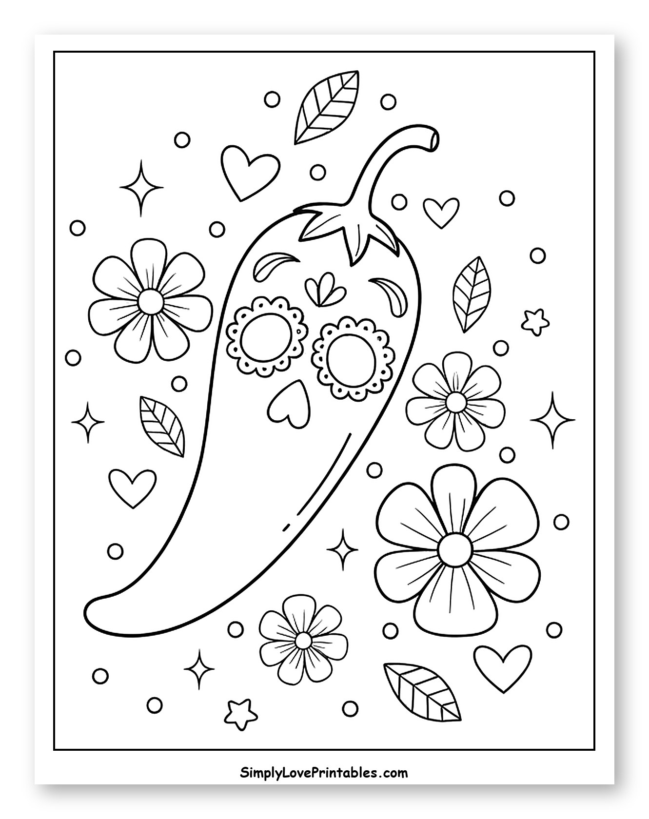 Chili Pepper Adorned with Flowers and Hearts to Color for Adults