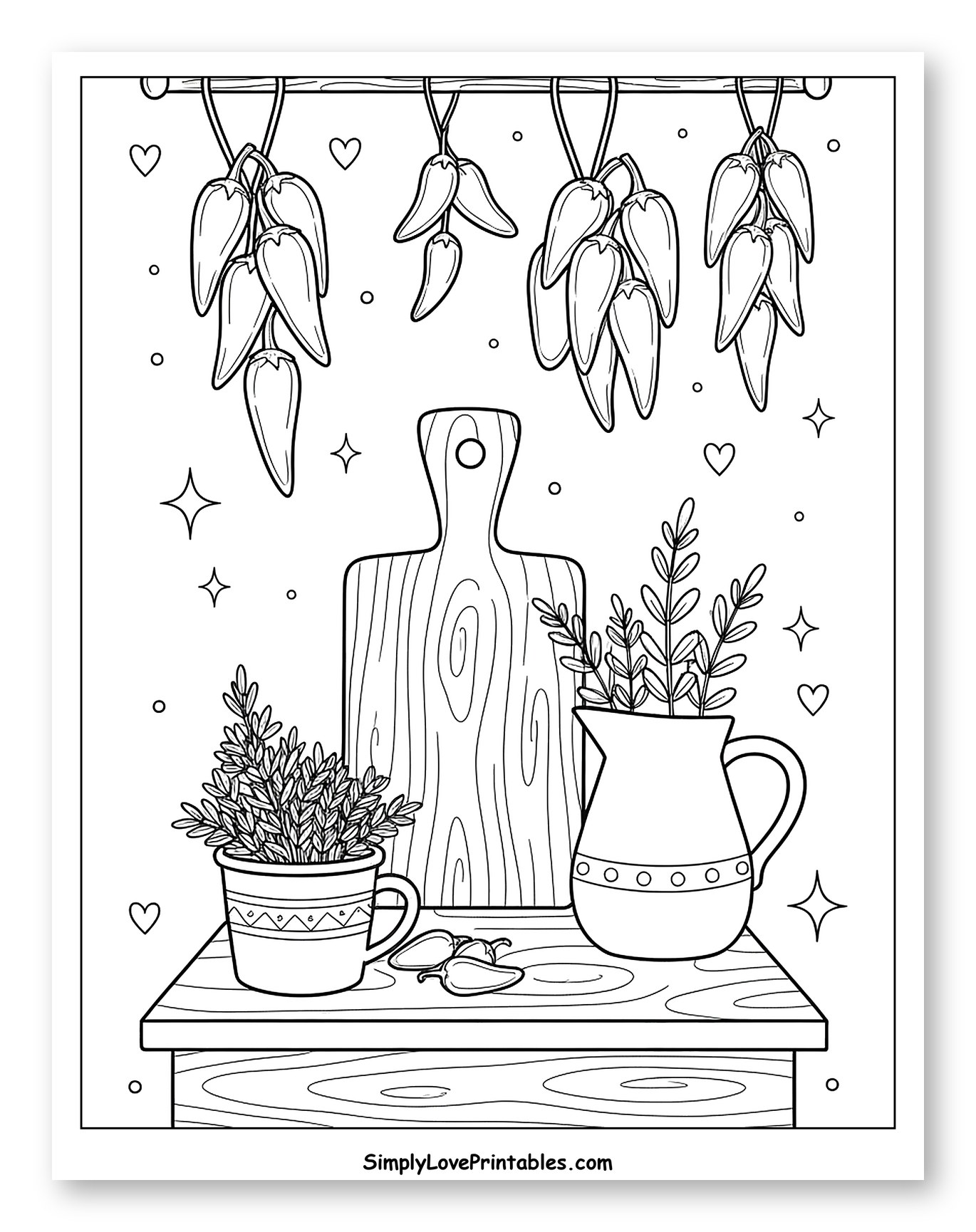 Chili Peppers Drying with Herbs and Cutting Board Coloring Page for Adults