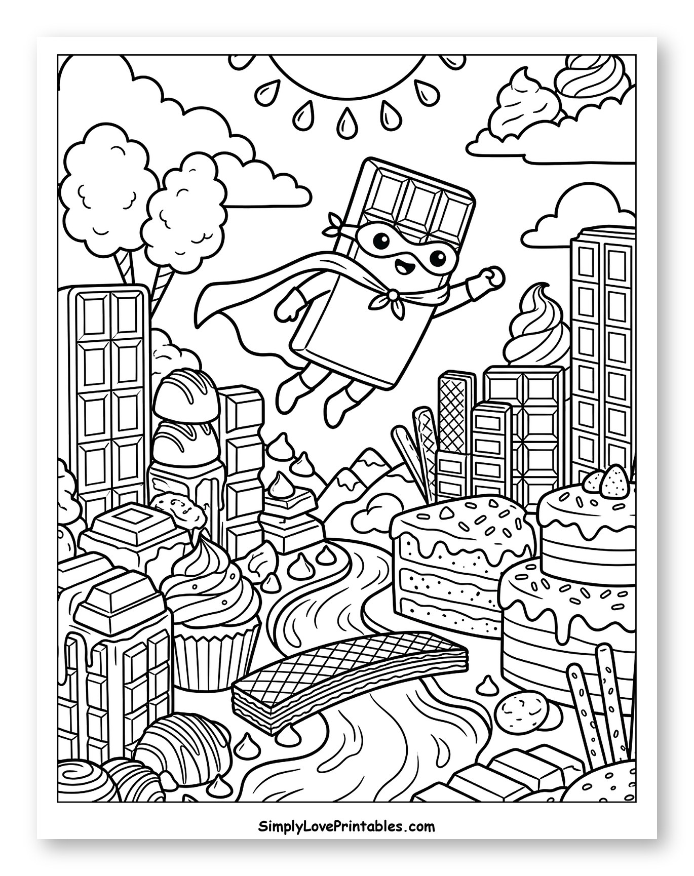 Chocolate Bar Superhero Flying Over Sweet City