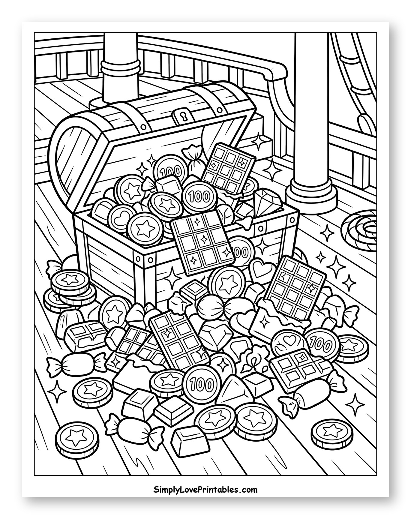 Chocolate Treasure Chest on a Ship Deck Coloring Sheet for Kids