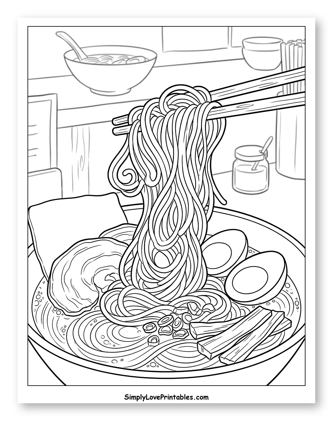 Chopsticks Lifting Noodles from Ramen Bowl Coloring Page
