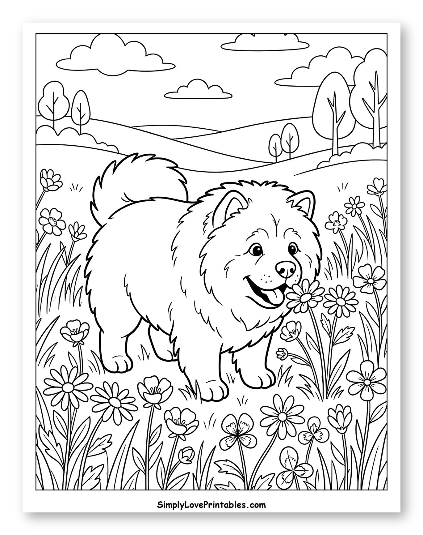 Chow Chow Dog Sniffing Flowers in a Field Coloring Page for Kids