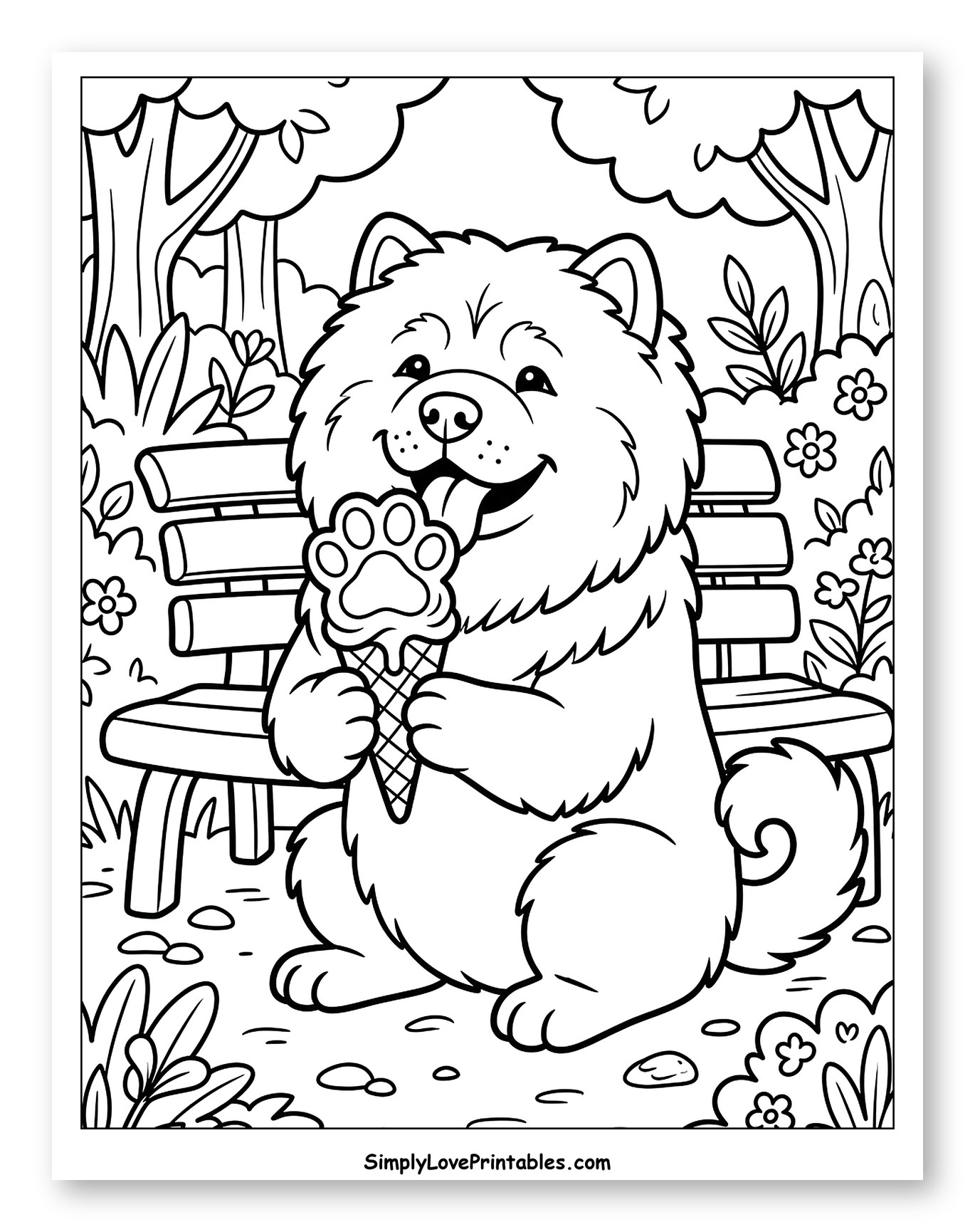 Chow Chow Enjoying Paw Print Ice Cream Coloring Sheet for Kids