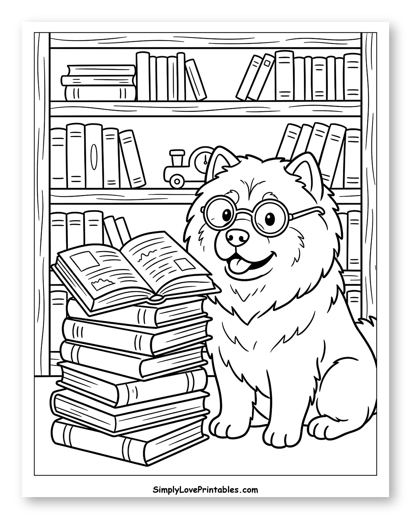 Chow Chow Wearing Glasses with Books Coloring Sheet for Kids