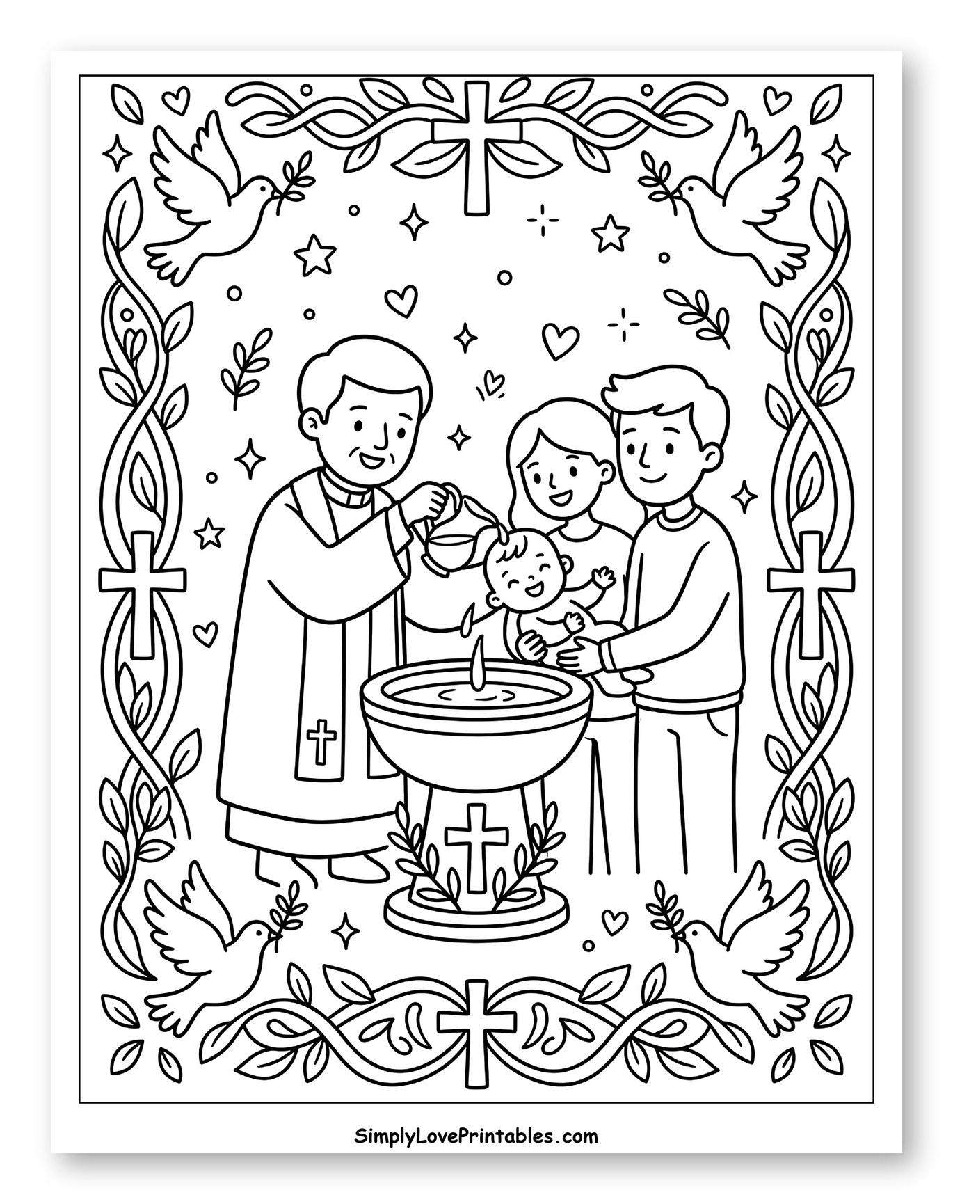 Christian Baby Baptism with Doves and Crosses Coloring Page for Adults