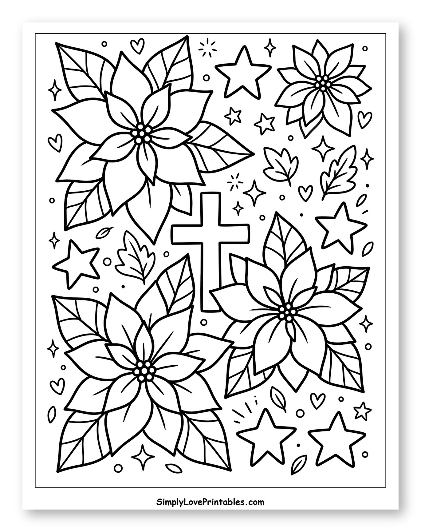 Christian Christmas Poinsettias with Cross and Stars to Color for Adults