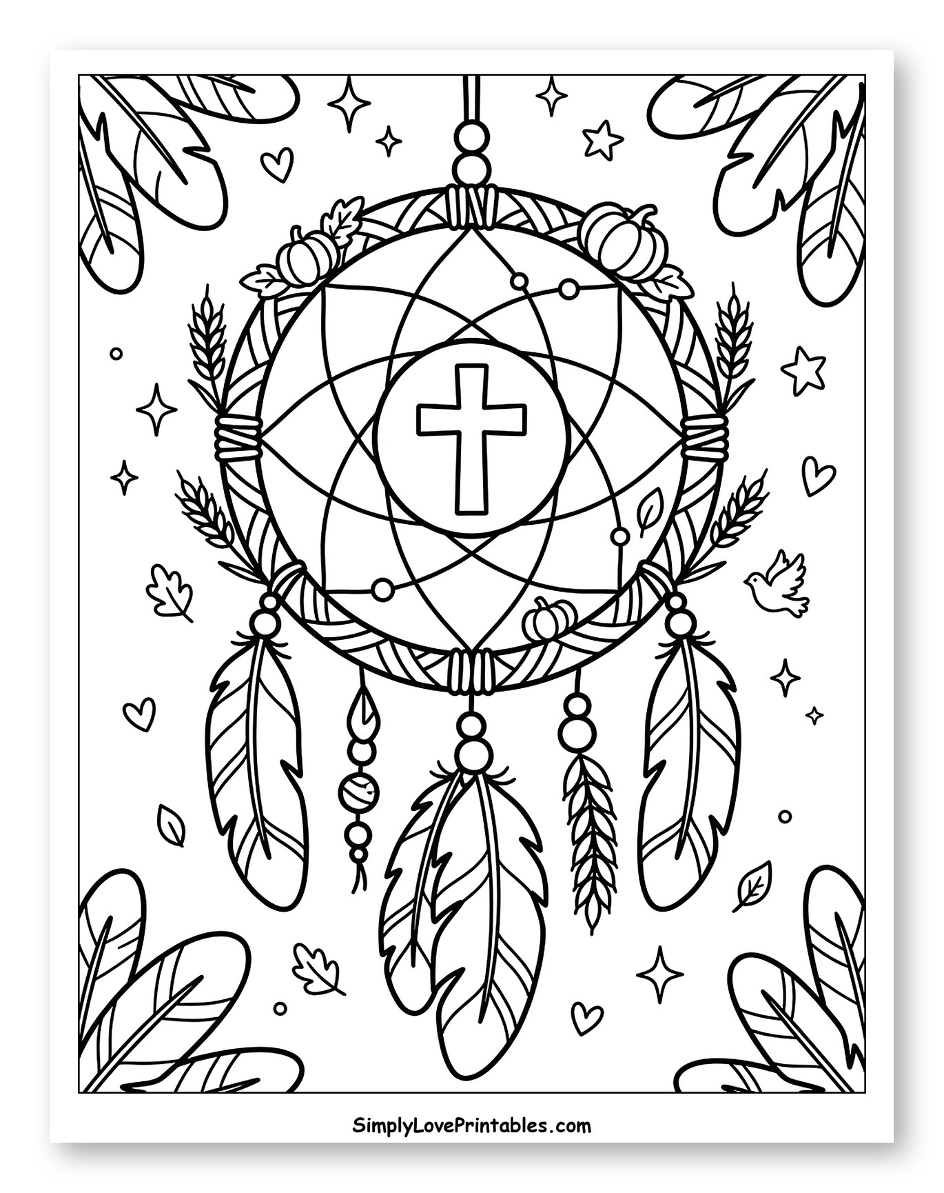 Christian Dreamcatcher with Cross and Autumn Decor Coloring Sheet for Adults