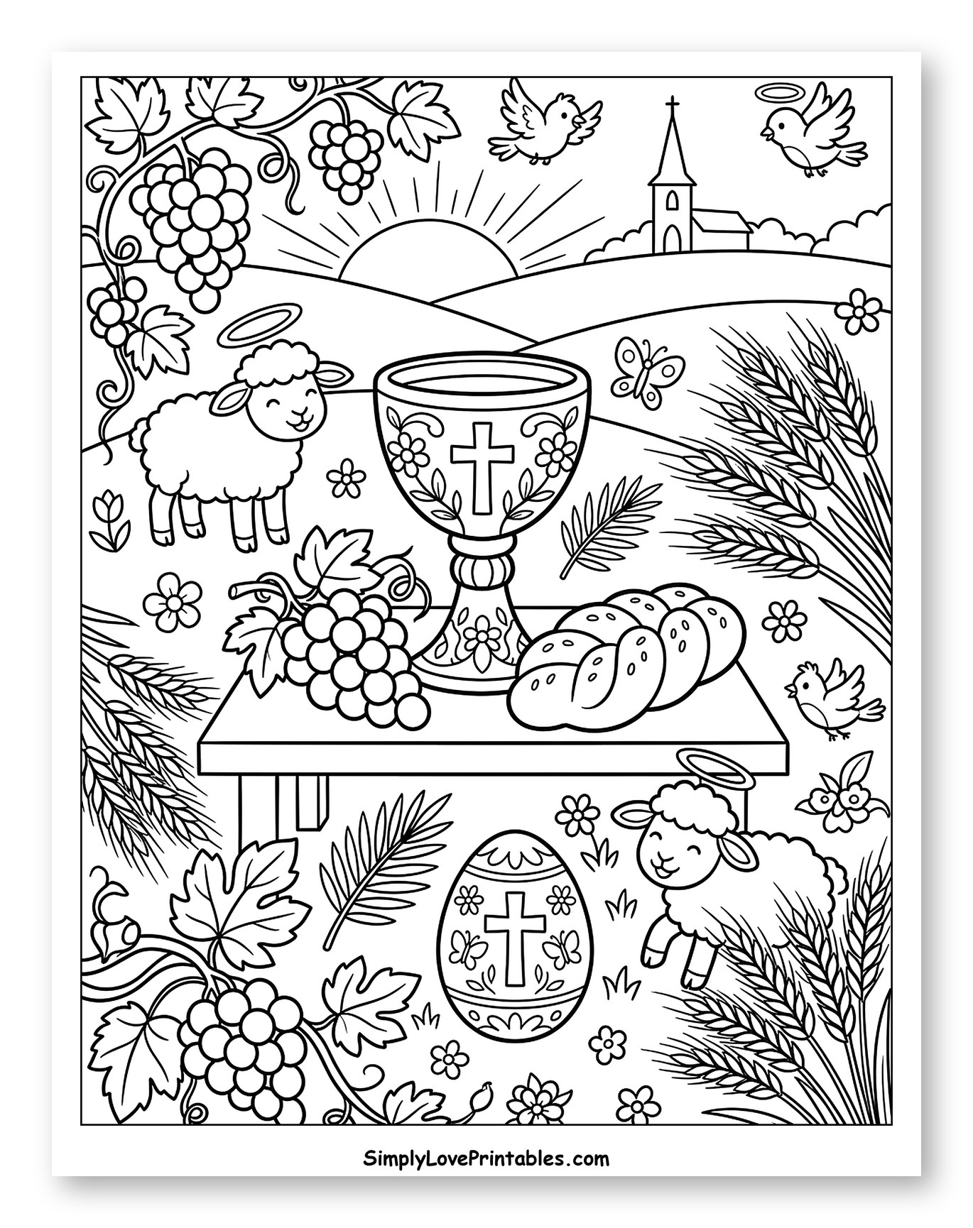 Christian Easter Scene with Chalice and Lambs