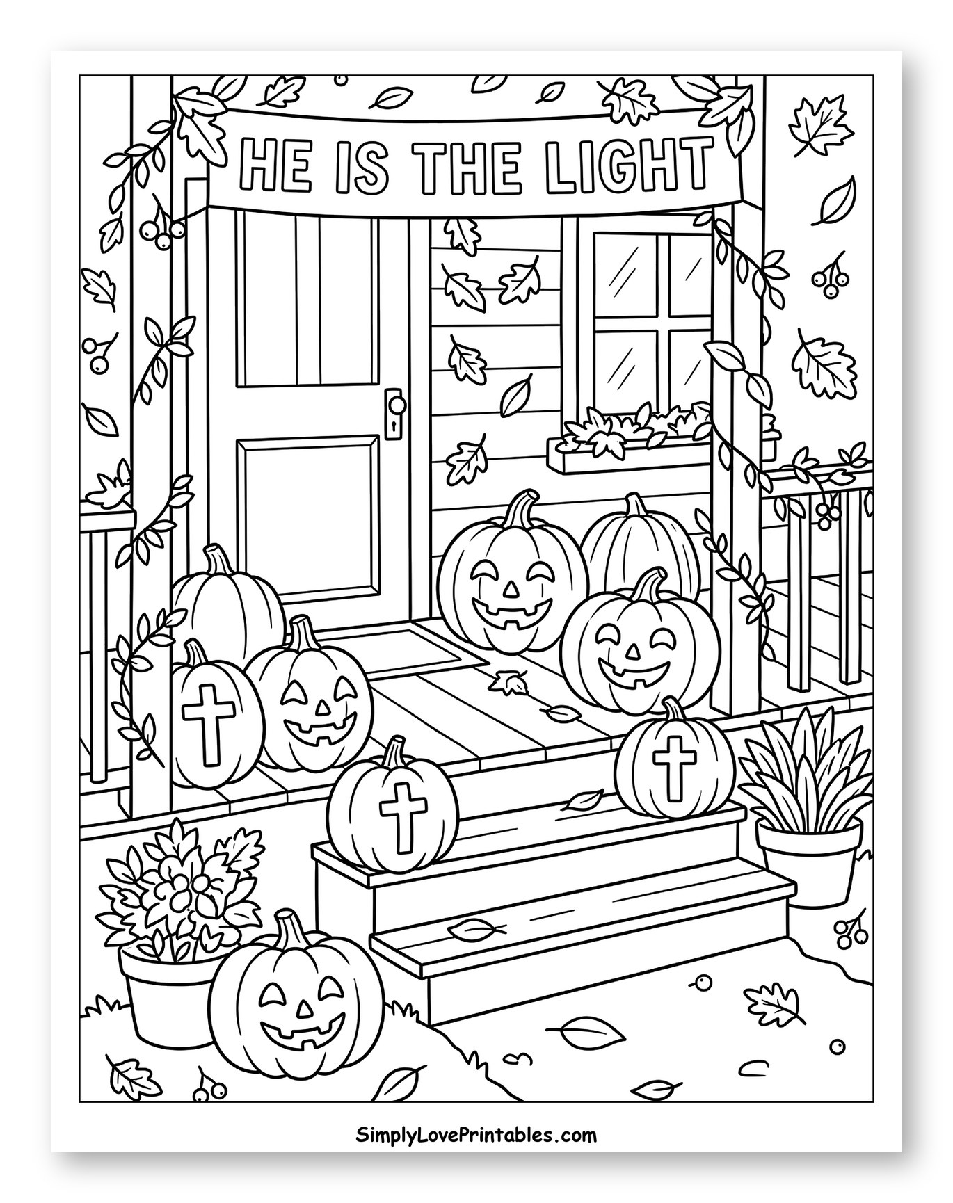 Christian Halloween Porch with Pumpkins and Banner to Color for Kids